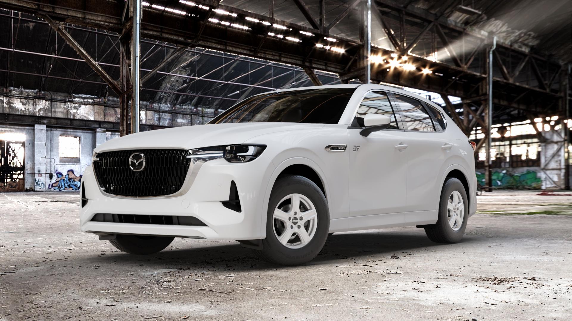 OXXO Novel silver Felge mit Reifen silber in 15Zoll Winterfelge Alufelge auf weissem Mazda CX-60 Typ KH01 ⬇️ mit 15mm Tieferlegung ⬇️ Old Industrial Hall_max_5300mm_2024 Frontansicht_1