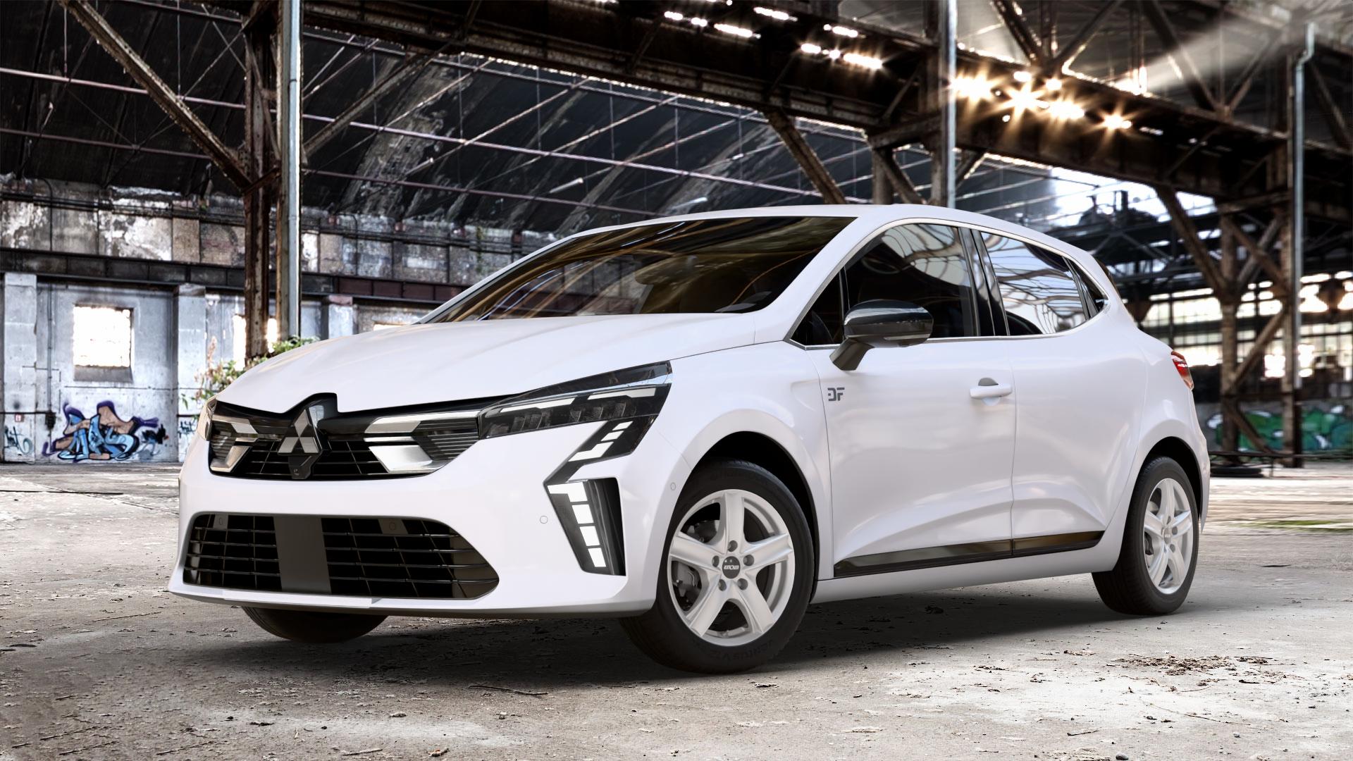 OXXO Novel silver Felge mit Reifen silber in 15Zoll Winterfelge Alufelge auf weissem Mitsubishi Colt VII Typ RJA 1,0l 49kW (67 PS) Turbo 67kW (91 1,6l 69kW Mild-Hybrid (94 ⬇️ mit 15mm Tieferlegung ⬇️ Old Industrial Hall_max_4400mm_2024 Frontansicht_1