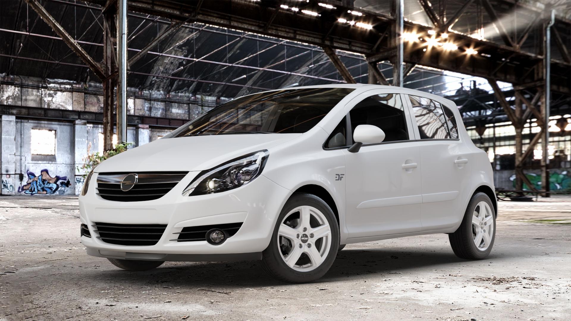OXXO Novel silver Felge mit Reifen silber in 15Zoll Winterfelge Alufelge auf weissem Opel Corsa D Typ S-D ⬇️ mit 15mm Tieferlegung ⬇️ Old Industrial Hall_max_4400mm_2024 Frontansicht_1
