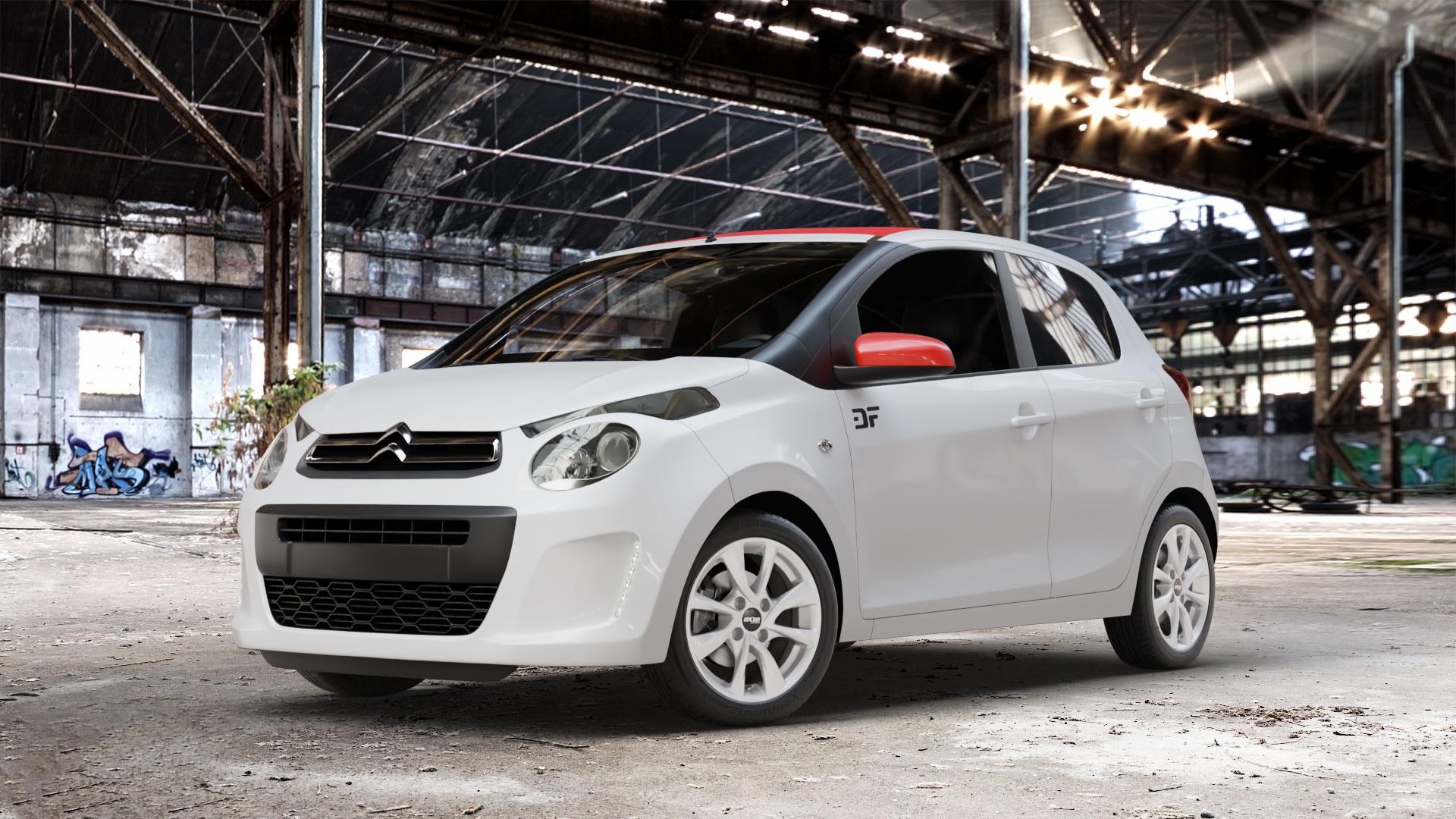 OXXO Oberon 4 Silver Felge mit Reifen silber in 15Zoll Winterfelge Alufelge auf weissem Citroen C1 II ⬇️ mit 15mm Tieferlegung ⬇️ Old Industrial Hall_max_4400mm_2024 Frontansicht_1