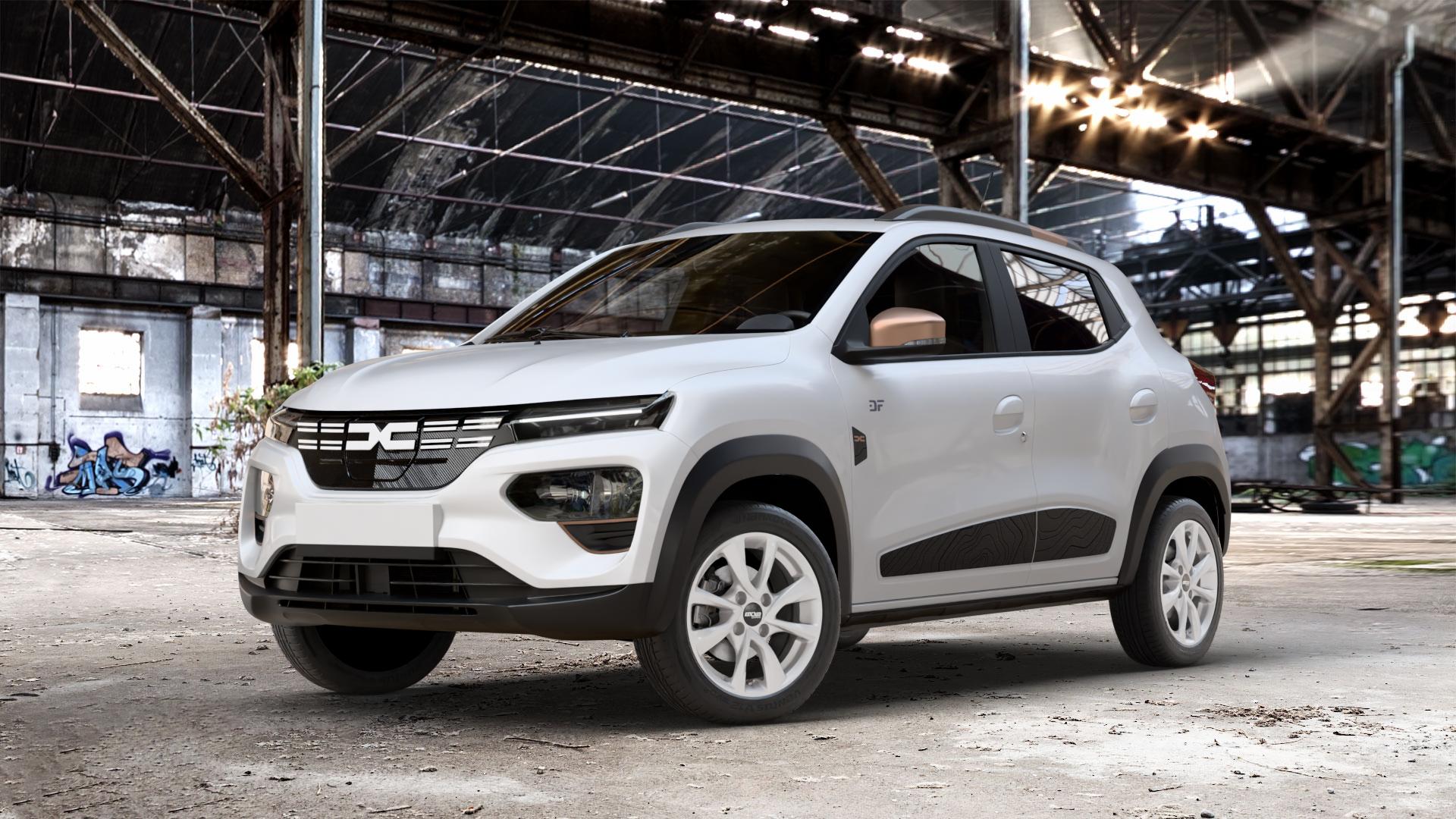 OXXO Oberon 4 silver Felge mit Reifen silber in 15Zoll Winterfelge Alufelge auf weissem Dacia Spring Typ DBG Facelift 0,0l 19kW (26 PS) 30kW (41 ⬇️ mit 15mm Tieferlegung ⬇️ Old Industrial Hall_max_4400mm_2024 Frontansicht_1