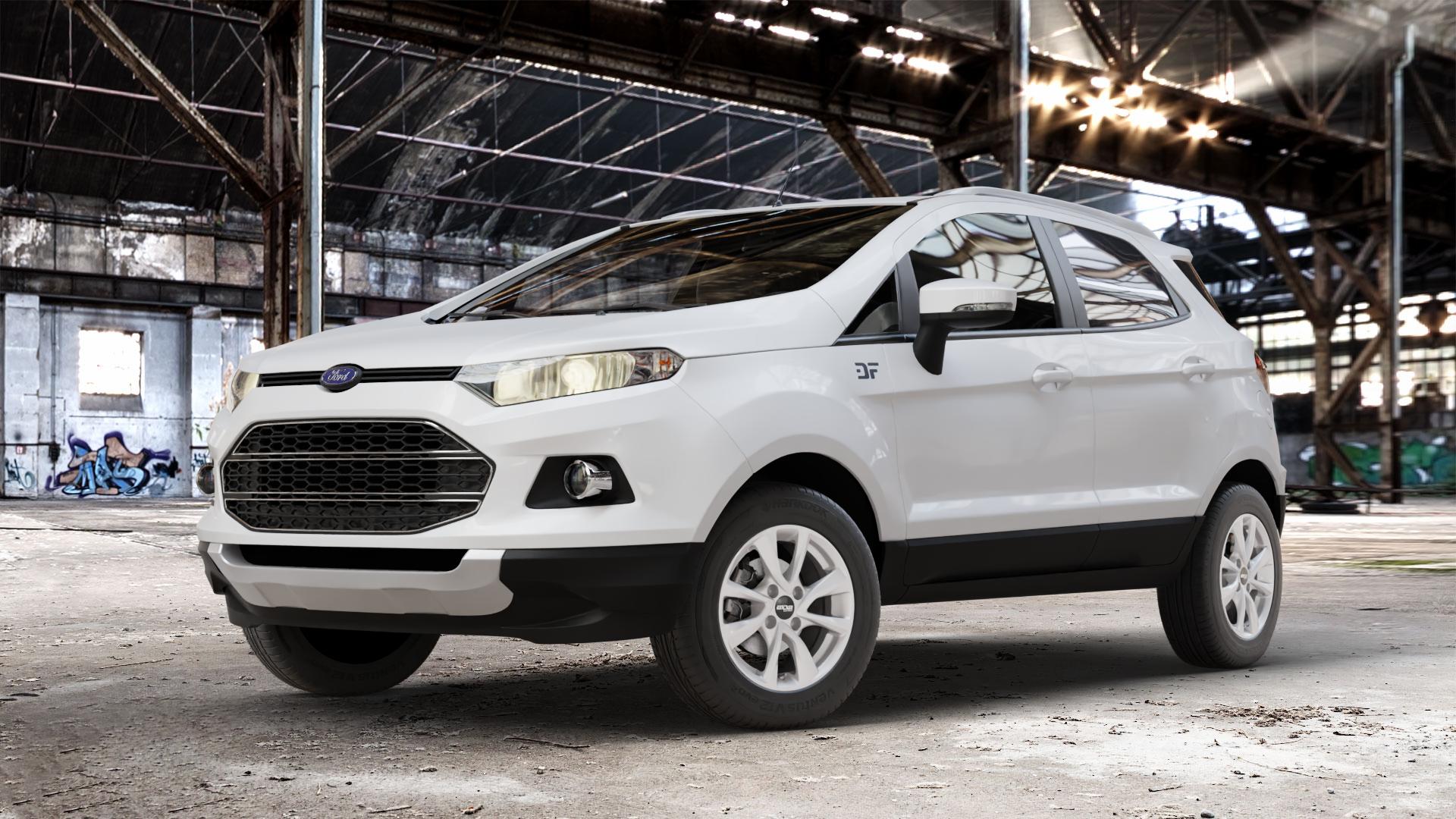 OXXO Oberon 4 silver Felge mit Reifen silber in 15Zoll Winterfelge Alufelge auf weissem Ford EcoSport Typ JK8 ⬇️ mit 15mm Tieferlegung ⬇️ Old Industrial Hall_max_4400mm_2024 Frontansicht_1