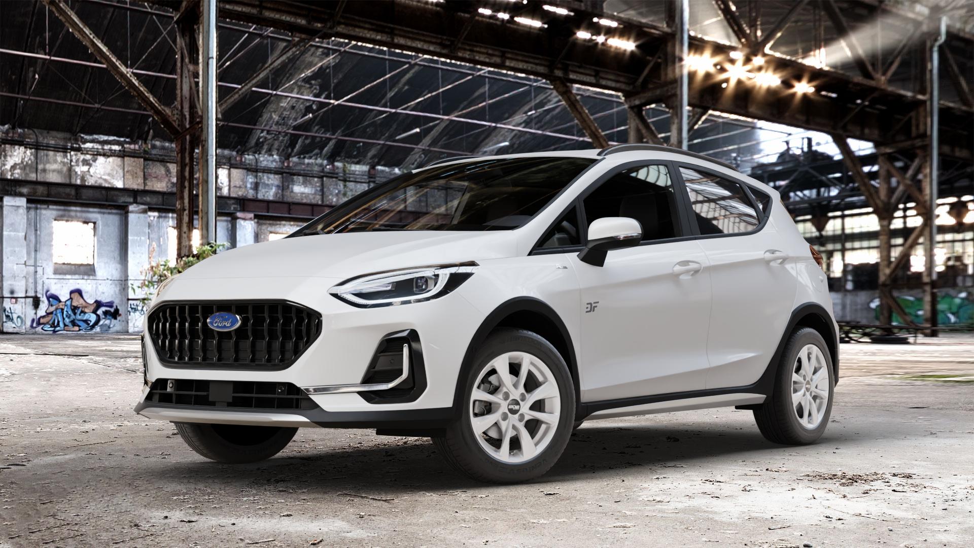 OXXO Oberon 4 Silver Felge mit Reifen silber in 15Zoll Winterfelge Alufelge auf weissem Ford Fiesta VII Typ JHH Active Facelift ⬇️ mit 15mm Tieferlegung ⬇️ Old Industrial Hall_max_4400mm_2024 Frontansicht_1