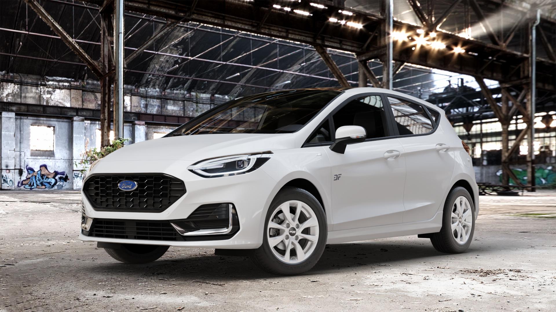 OXXO Oberon 4 Silver Felge mit Reifen silber in 15Zoll Winterfelge Alufelge auf weissem Ford Fiesta VII Typ JHH Facelift 1,0l EcoBoost 74kW (101 PS) 92kW (125 Mild-Hybrid 114kW (155 1,1l 55kW (75 ⬇️ mit 15mm Tieferlegung ⬇️ Old Industrial Hall_max_4400mm_2024 Frontansicht_1