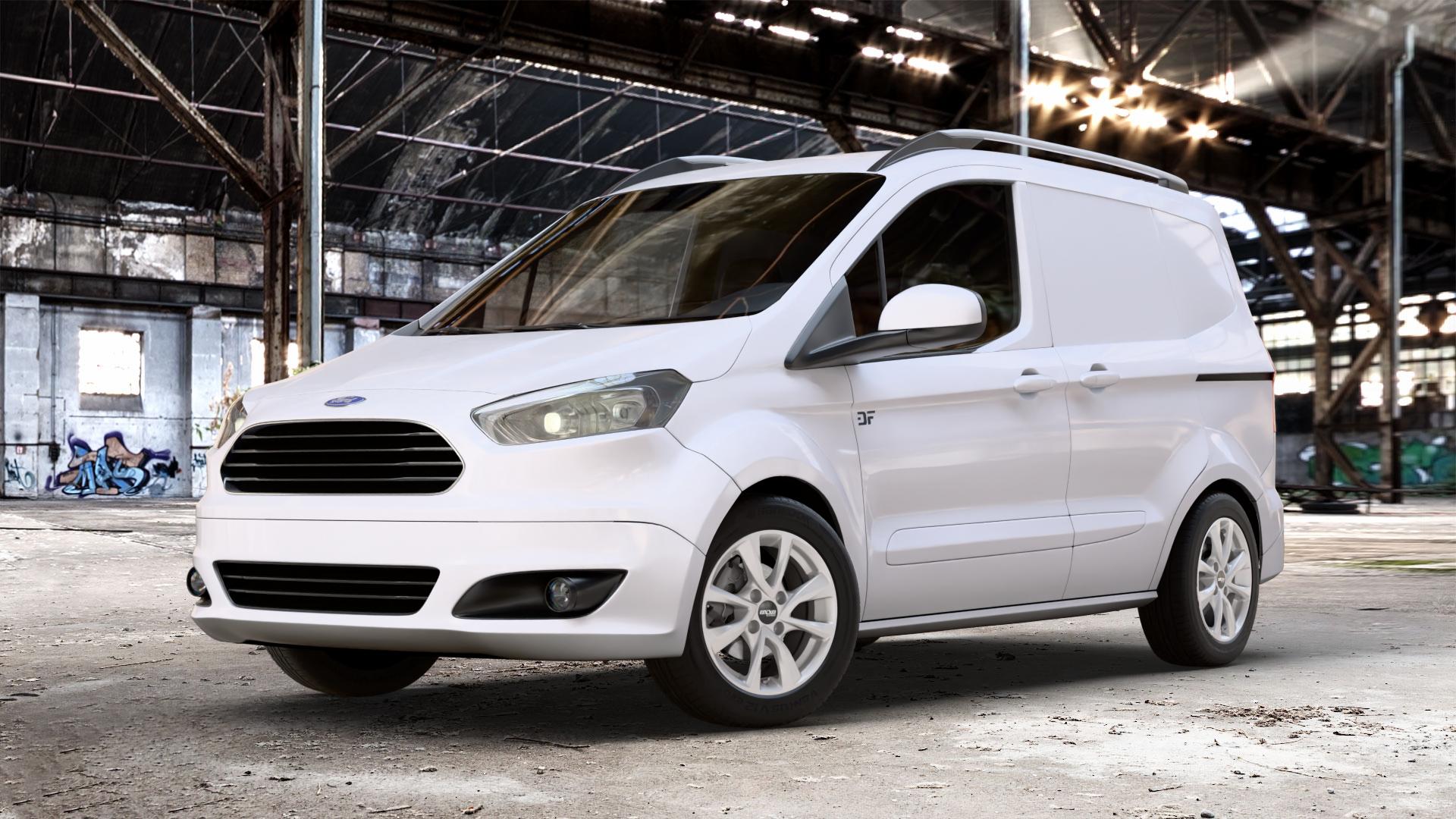 OXXO Oberon 4 silver Felge mit Reifen silber in 15Zoll Winterfelge Alufelge auf weissem Ford Transit Courier Typ JN8 (14->) JU2 ⬇️ mit 15mm Tieferlegung ⬇️ Old Industrial Hall_max_4400mm_2024 Frontansicht_1