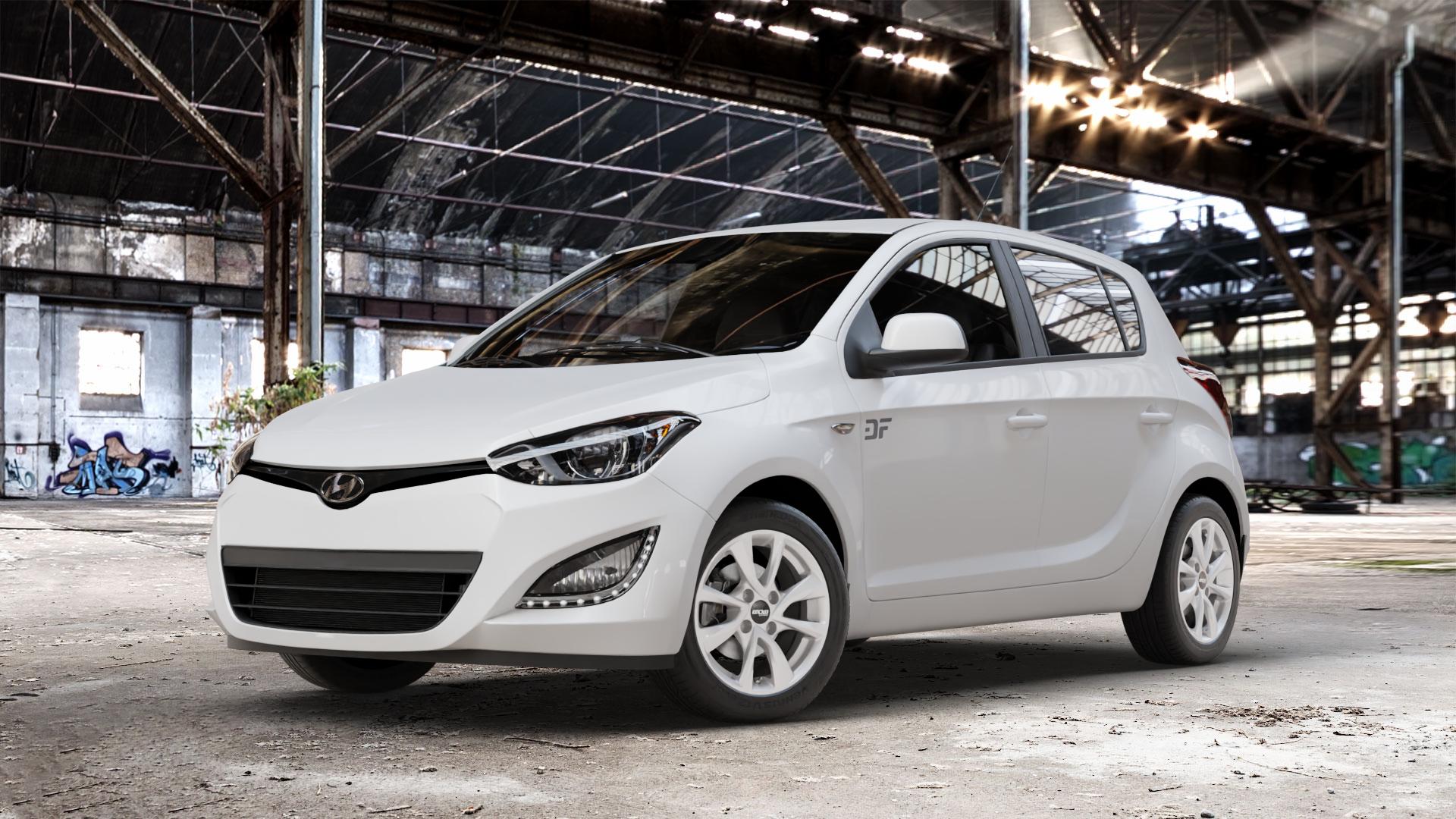 OXXO Oberon 4 Silver Felge mit Reifen silber in 15Zoll Winterfelge Alufelge auf weissem Hyundai i20 Typ PB, PBT Facelift (12->) ⬇️ mit 15mm Tieferlegung ⬇️ Old Industrial Hall_max_4400mm_2024 Frontansicht_1