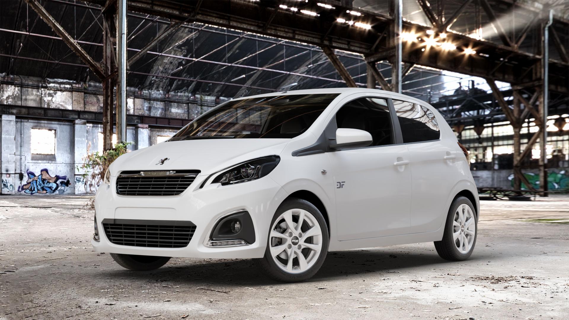 OXXO Oberon 4 Silver Felge mit Reifen silber in 15Zoll Winterfelge Alufelge auf weissem Peugeot 108 ⬇️ mit 15mm Tieferlegung ⬇️ Old Industrial Hall_max_4400mm_2024 Frontansicht_1