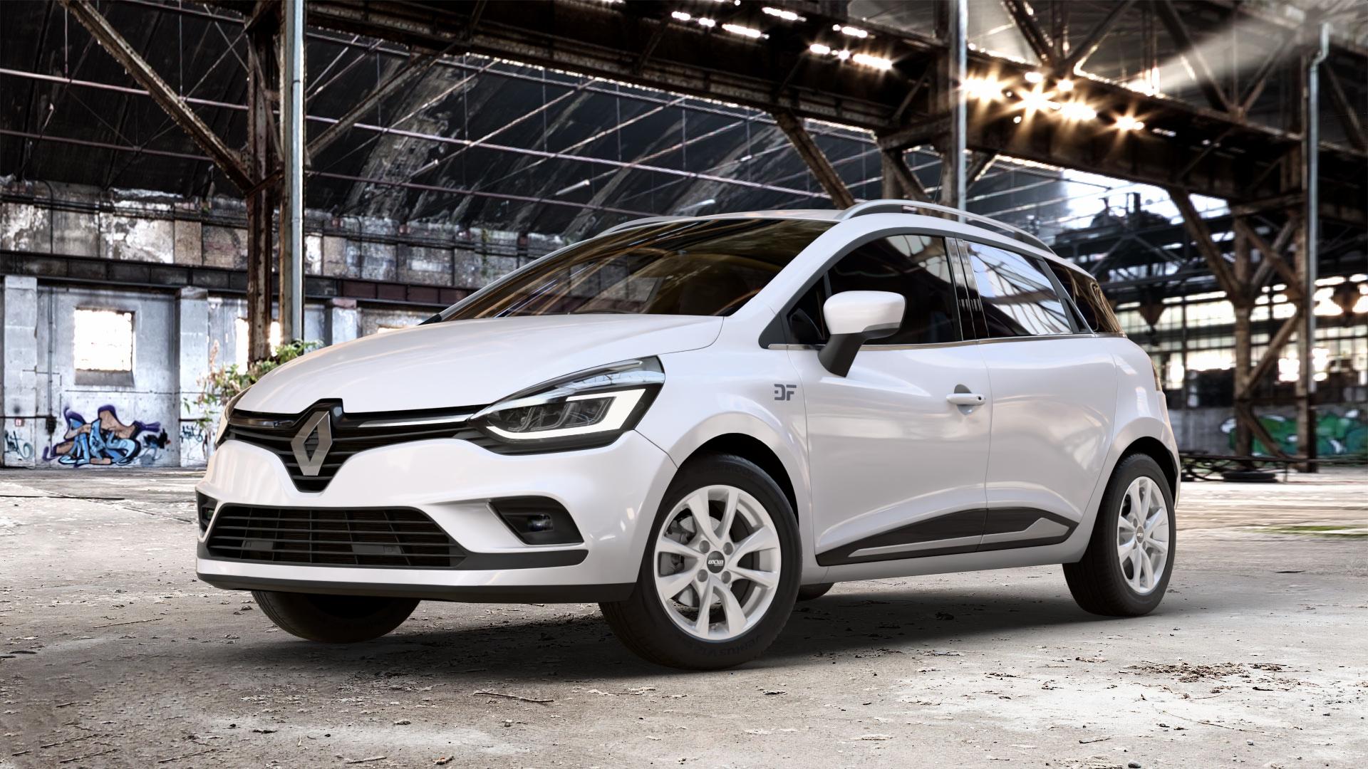 OXXO Oberon 4 Silver Felge mit Reifen silber in 15Zoll Winterfelge Alufelge auf weissem Renault Clio IV Grandtour Typ R Facelift ⬇️ mit 15mm Tieferlegung ⬇️ Old Industrial Hall_max_4400mm_2024 Frontansicht_1
