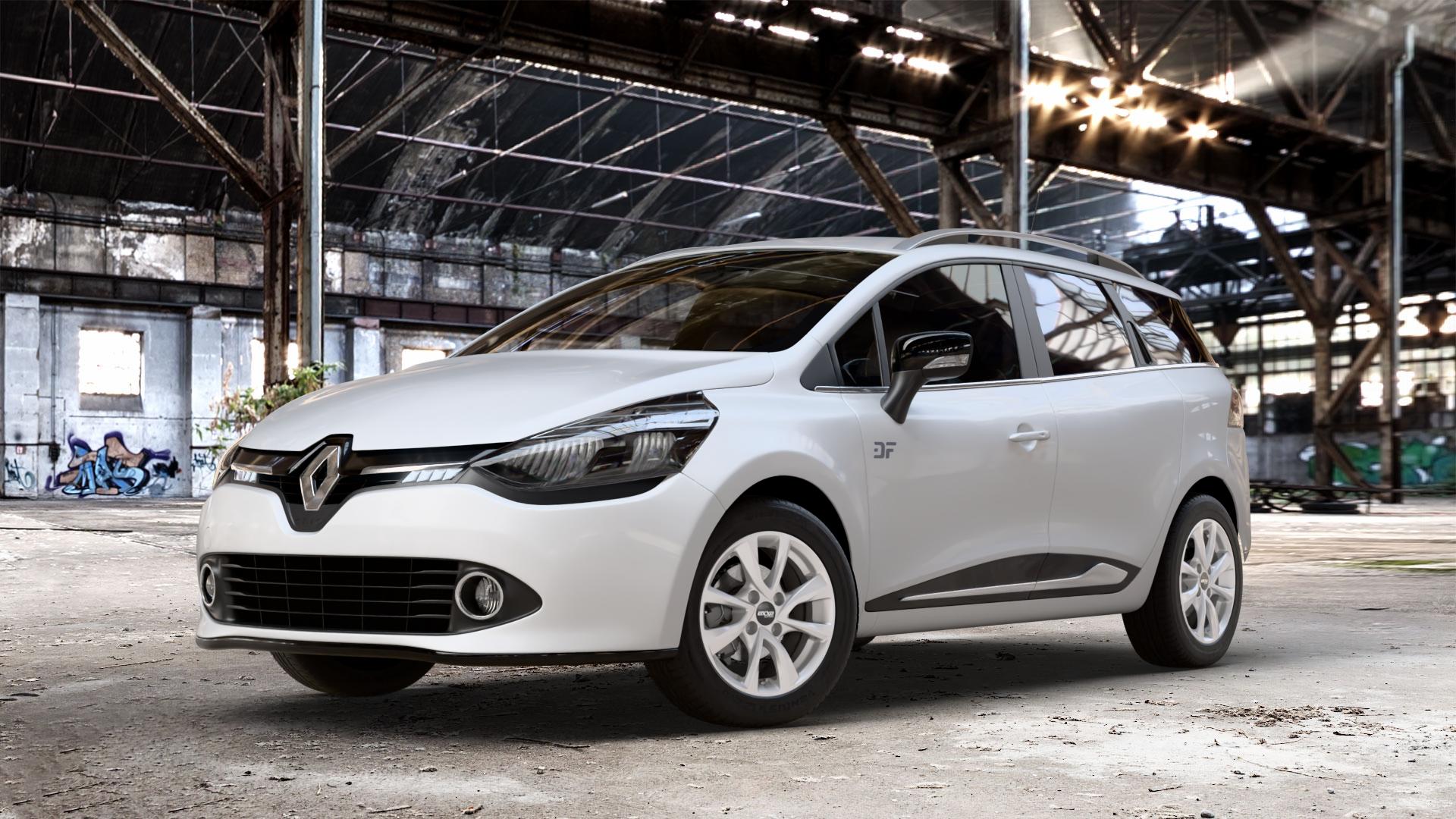 OXXO Oberon 4 silver Felge mit Reifen silber in 15Zoll Winterfelge Alufelge auf weissem Renault Clio IV Grandtour Typ R ⬇️ mit 15mm Tieferlegung ⬇️ Old Industrial Hall_max_4400mm_2024 Frontansicht_1