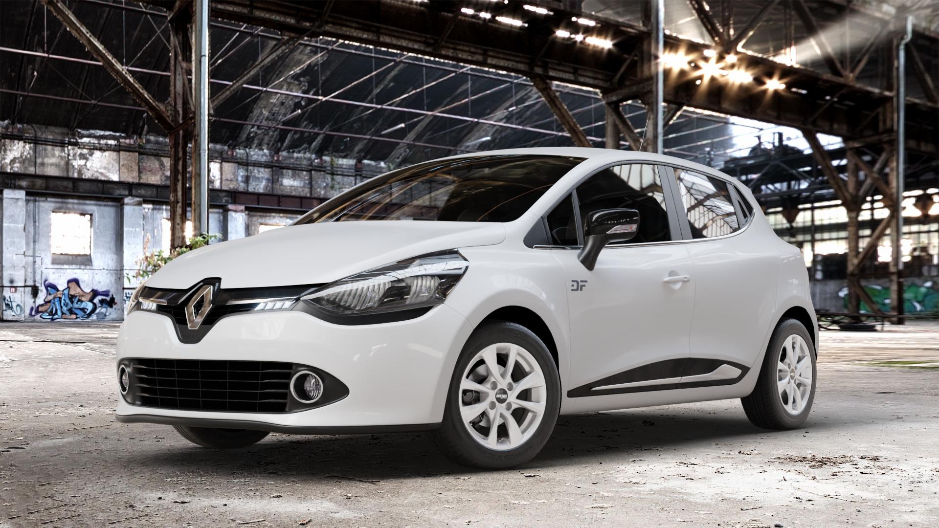 OXXO Oberon 4 silver Felge mit Reifen silber in 15Zoll Winterfelge Alufelge auf weissem Renault Clio IV Typ R ⬇️ mit 15mm Tieferlegung ⬇️ Old Industrial Hall_max_4400mm_2024 Frontansicht_1