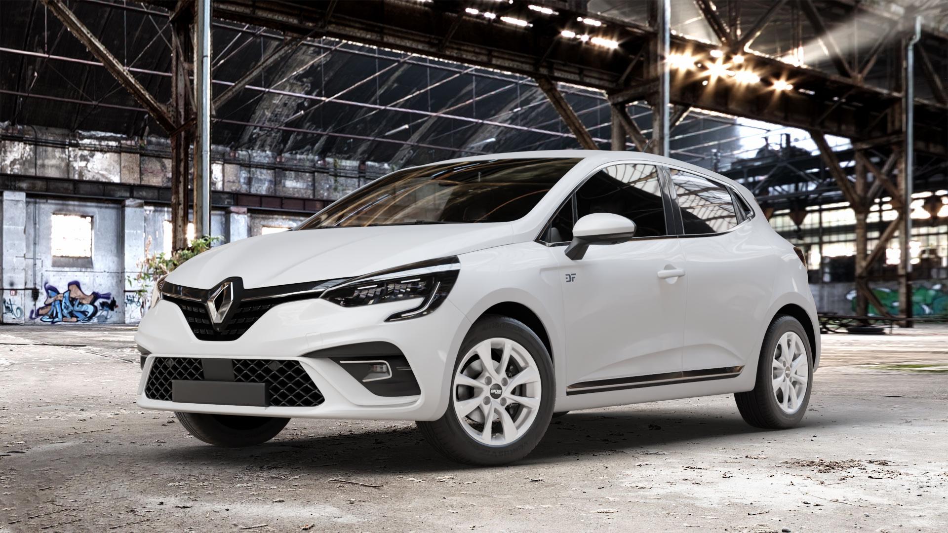 OXXO Oberon 4 silver Felge mit Reifen silber in 15Zoll Winterfelge Alufelge auf weissem Renault Clio V Typ RJA ⬇️ mit 15mm Tieferlegung ⬇️ Old Industrial Hall_max_4400mm_2024 Frontansicht_1