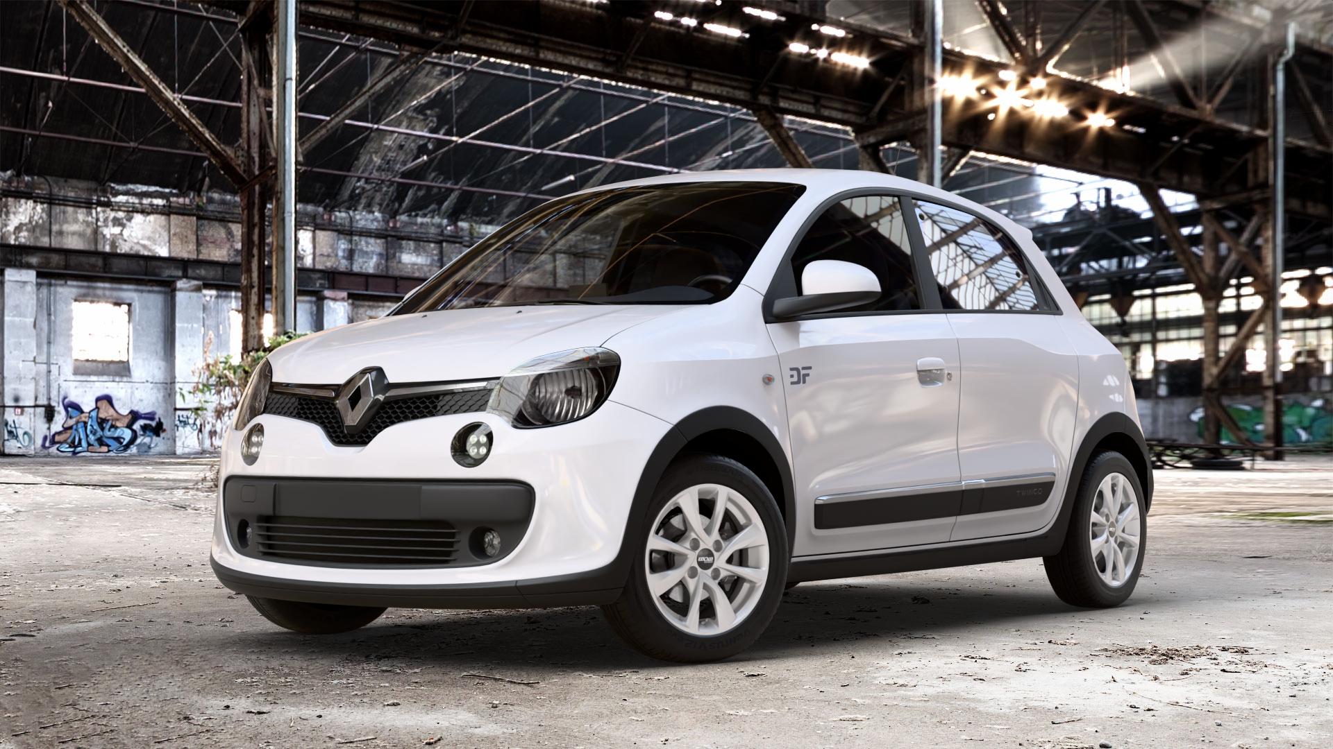 OXXO Oberon 4 Silver Felge mit Reifen silber in 15Zoll Winterfelge Alufelge auf weissem Renault Twingo III Typ AH ⬇️ mit 15mm Tieferlegung ⬇️ Old Industrial Hall_max_4400mm_2024 Frontansicht_1