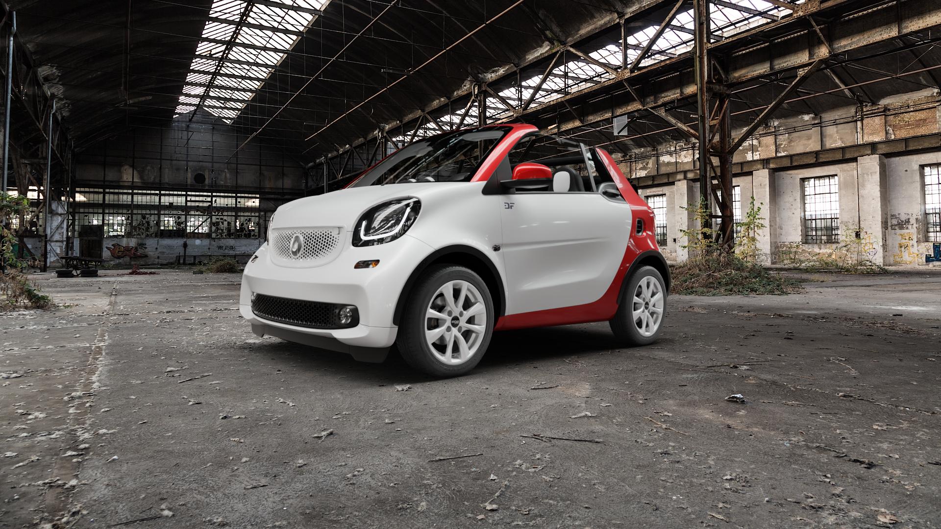 OXXO Oberon 4 silver Felge mit Reifen silber in 15Zoll Winterfelge Alufelge auf weissem Smart Fortwo Cabrio III (16-) (453) ⬇️ mit 15mm Tieferlegung ⬇️ Old Industrial Hall_max5000mm_2022 Frontansicht_1