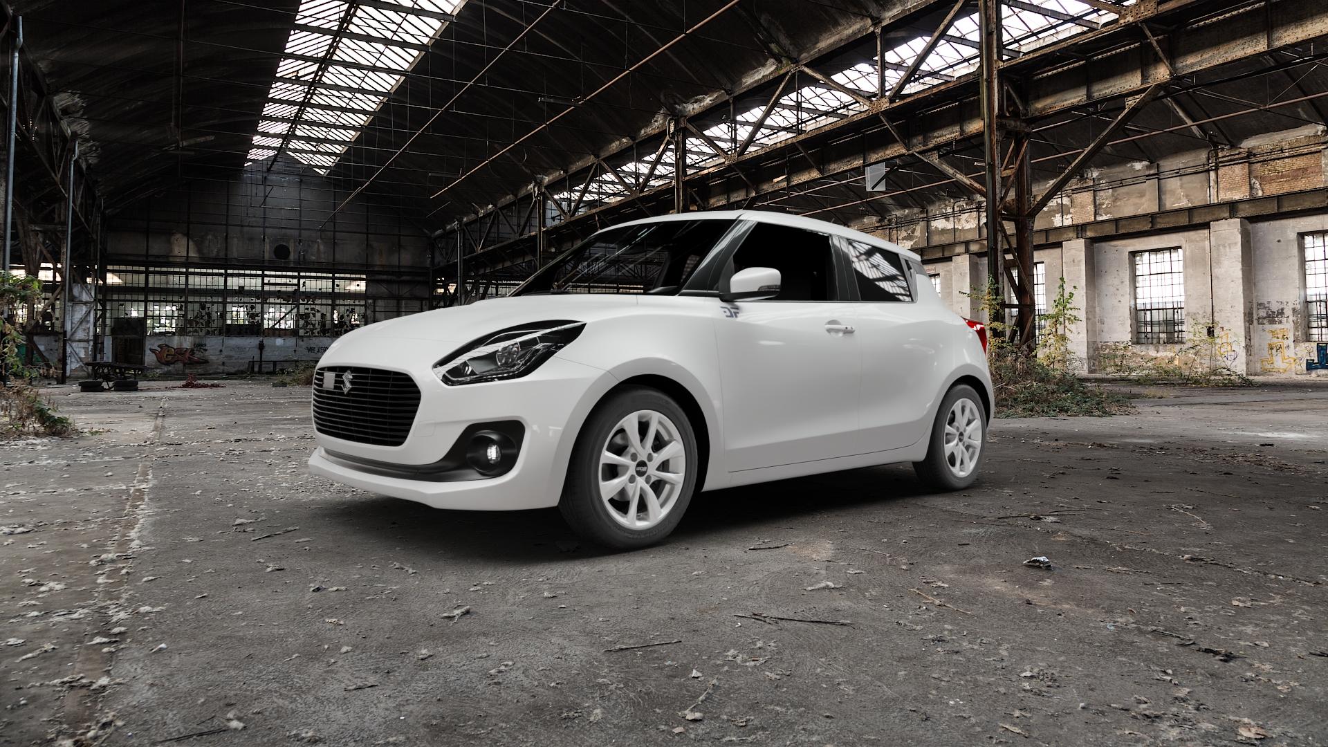 OXXO Oberon 4 silver Felge mit Reifen silber in 15Zoll Winterfelge Alufelge auf weissem Suzuki Swift VI Typ AZ Facelift ⬇️ mit 15mm Tieferlegung ⬇️ Old Industrial Hall_max5000mm_2022 Frontansicht_1
