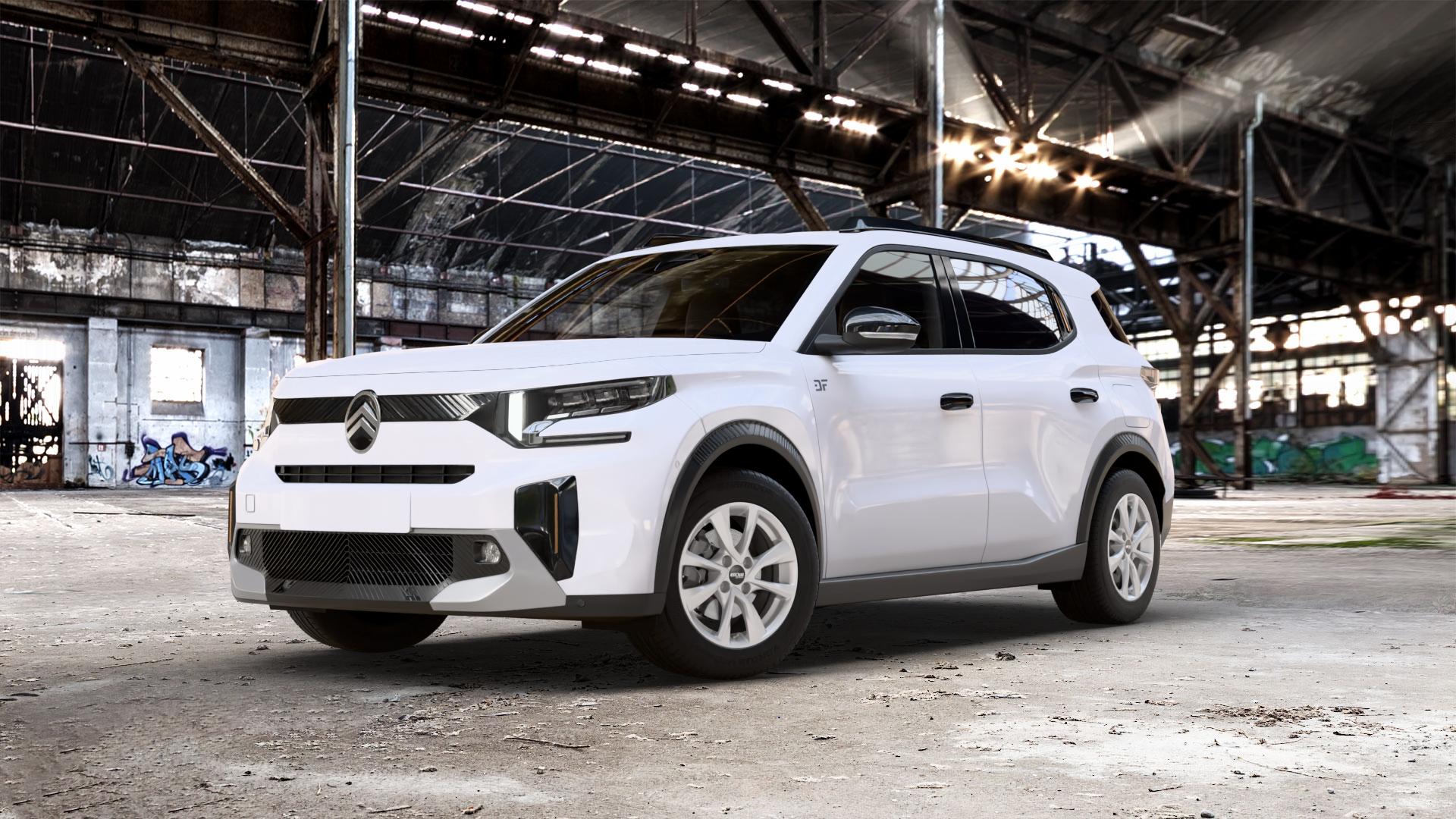 OXXO Oberon 4 silver Felge mit Reifen silber in 16Zoll Winterfelge Alufelge auf weissem Citroen C3 Aircross Typ C 1,2l PureTech 100 74kW (101 PS) Hybrid 136 100kW (136 0,0l Elektro 53kW E-C3 (72 ⬇️ mit 15mm Tieferlegung ⬇️ Old Industrial Hall_max_5300mm_2024 Frontansicht_1