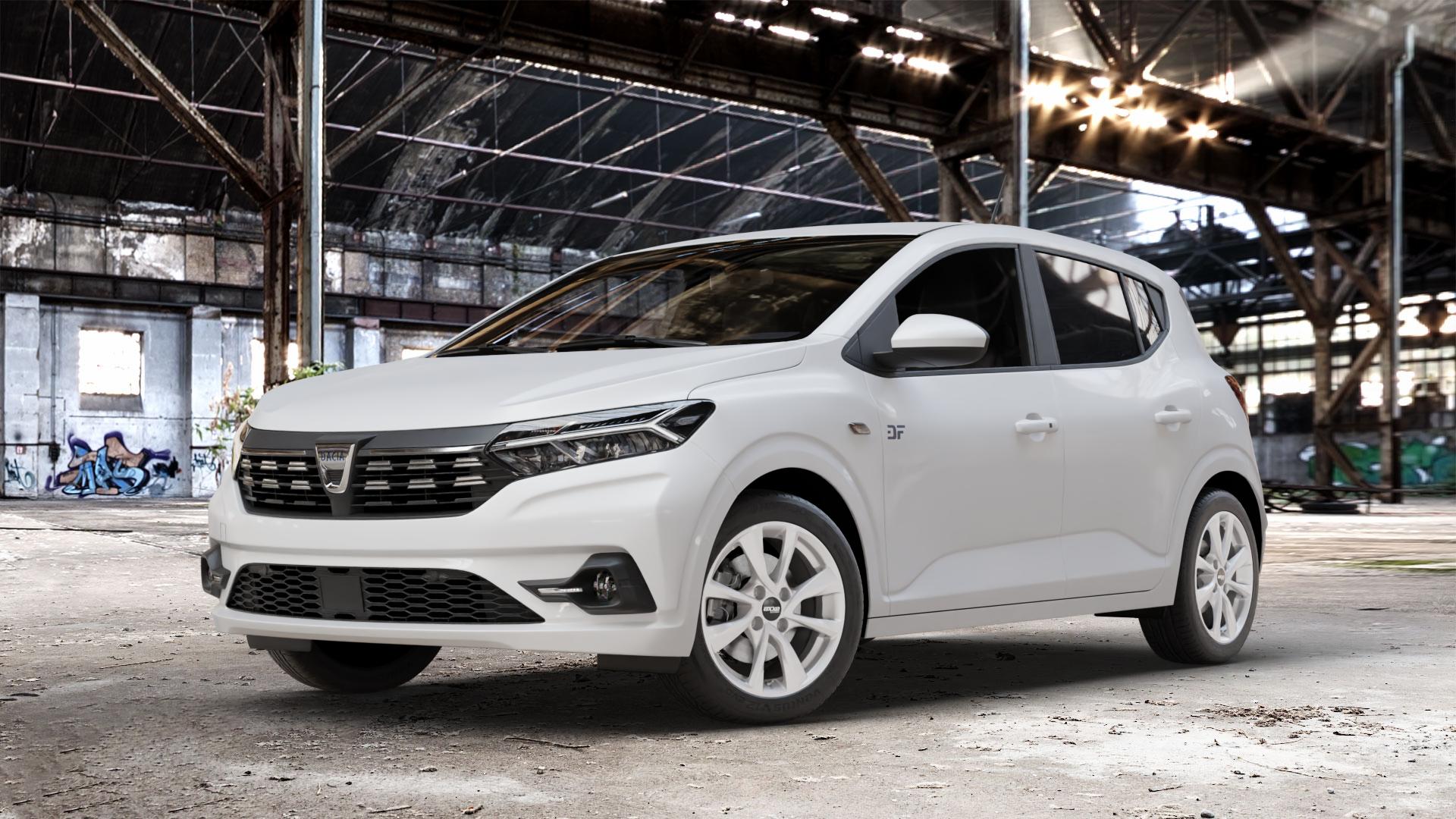 OXXO Oberon 4 silver Felge mit Reifen silber in 16Zoll Winterfelge Alufelge auf weissem Dacia Sandero III Typ DJF ⬇️ mit 15mm Tieferlegung ⬇️ Old Industrial Hall_max_4400mm_2024 Frontansicht_1