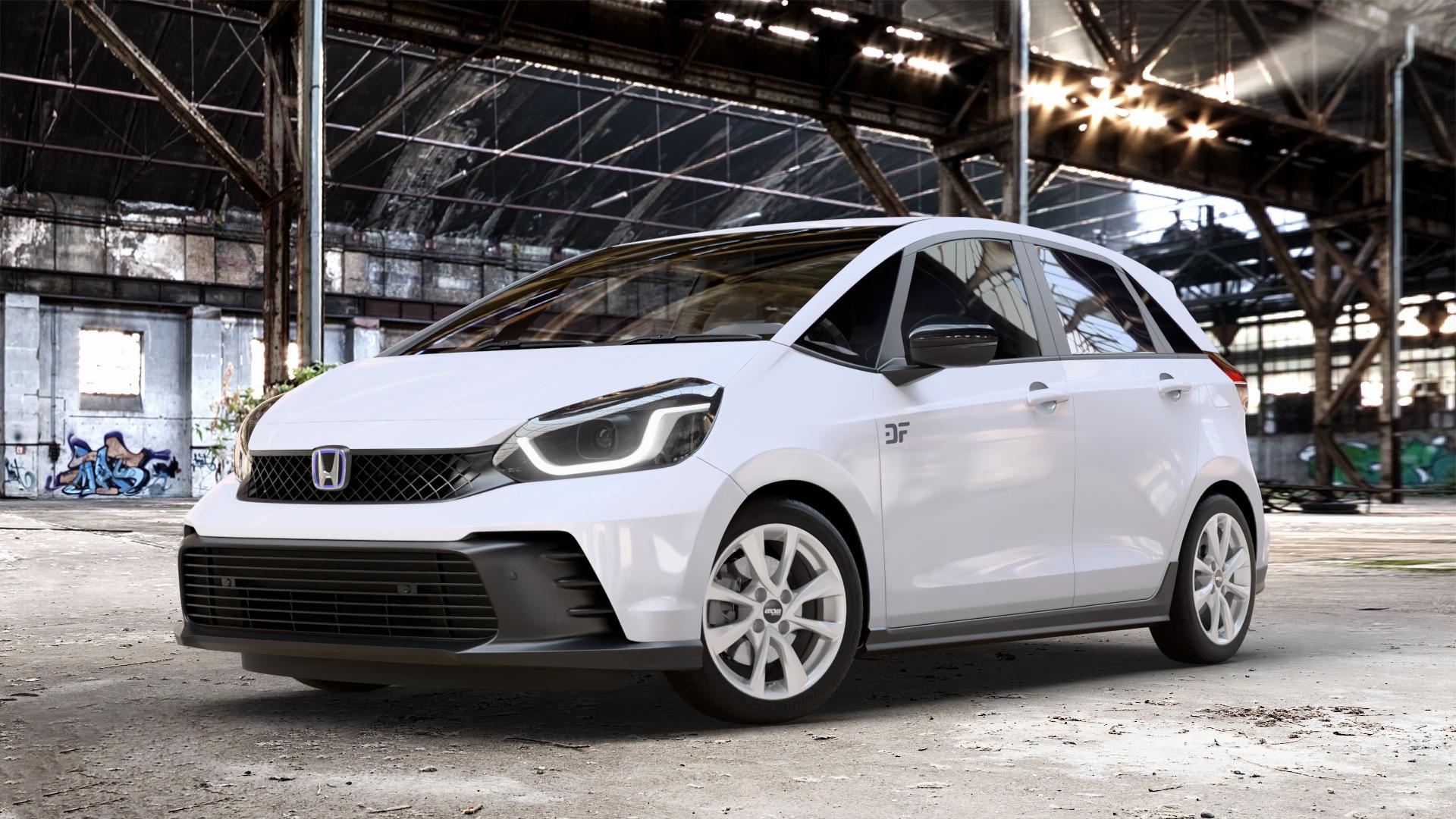 OXXO Oberon 4 silver Felge mit Reifen silber in 16Zoll Winterfelge Alufelge auf weissem Honda Jazz V (GR) Facelift 1,5l e:HEV 79kW Mild-Hybrid (107 PS) ⬇️ mit 15mm Tieferlegung ⬇️ Old Industrial Hall_max_4400mm_2024 Frontansicht_1