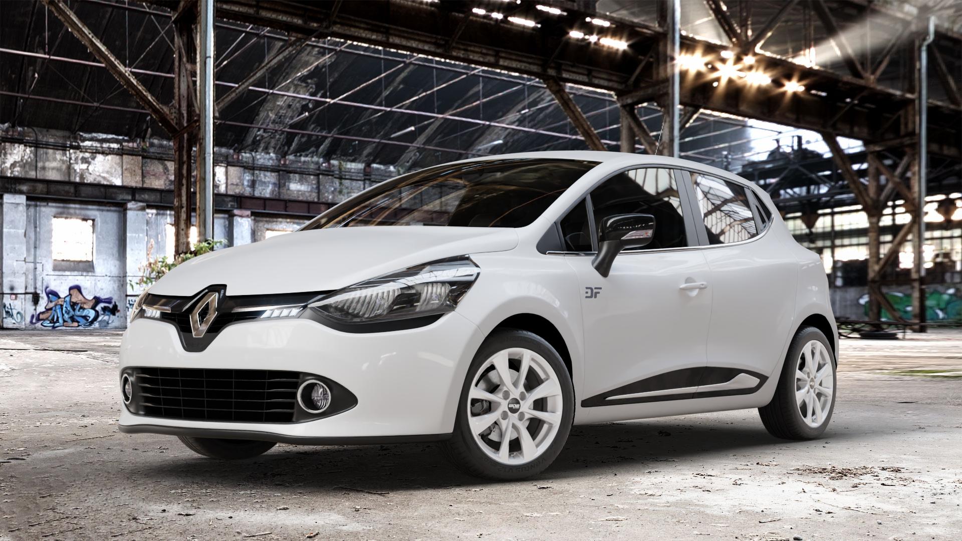 OXXO Oberon 4 silver Felge mit Reifen silber in 16Zoll Winterfelge Alufelge auf weissem Renault Clio IV Typ R ⬇️ mit 15mm Tieferlegung ⬇️ Old Industrial Hall_max_4400mm_2024 Frontansicht_1