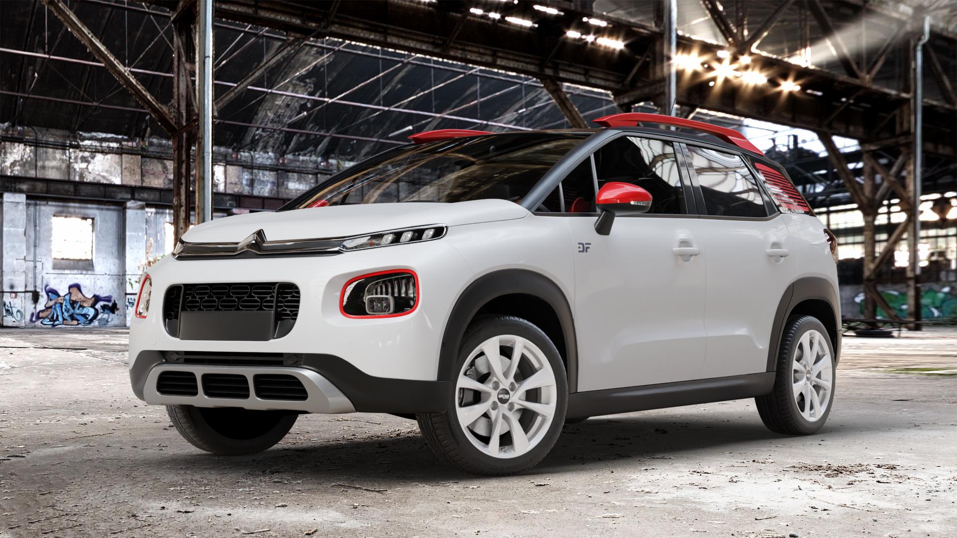 OXXO Oberon 4 silver Felge mit Reifen silber in 17Zoll Winterfelge Alufelge auf weissem Citroen C3 Aircross Typ 2 ⬇️ mit 15mm Tieferlegung ⬇️ Old Industrial Hall_max_4400mm_2024 Frontansicht_1