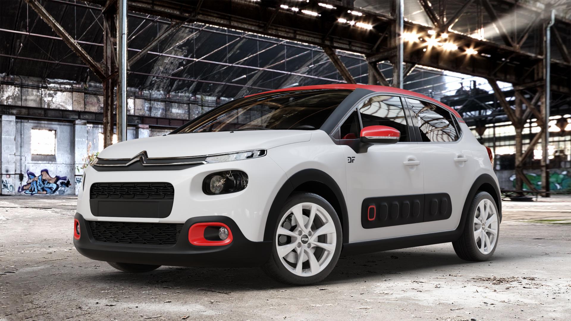 OXXO Oberon 4 Silver Felge mit Reifen silber in 17Zoll Winterfelge Alufelge auf weissem Citroen C3 III ⬇️ mit 15mm Tieferlegung ⬇️ Old Industrial Hall_max_4400mm_2024 Frontansicht_1
