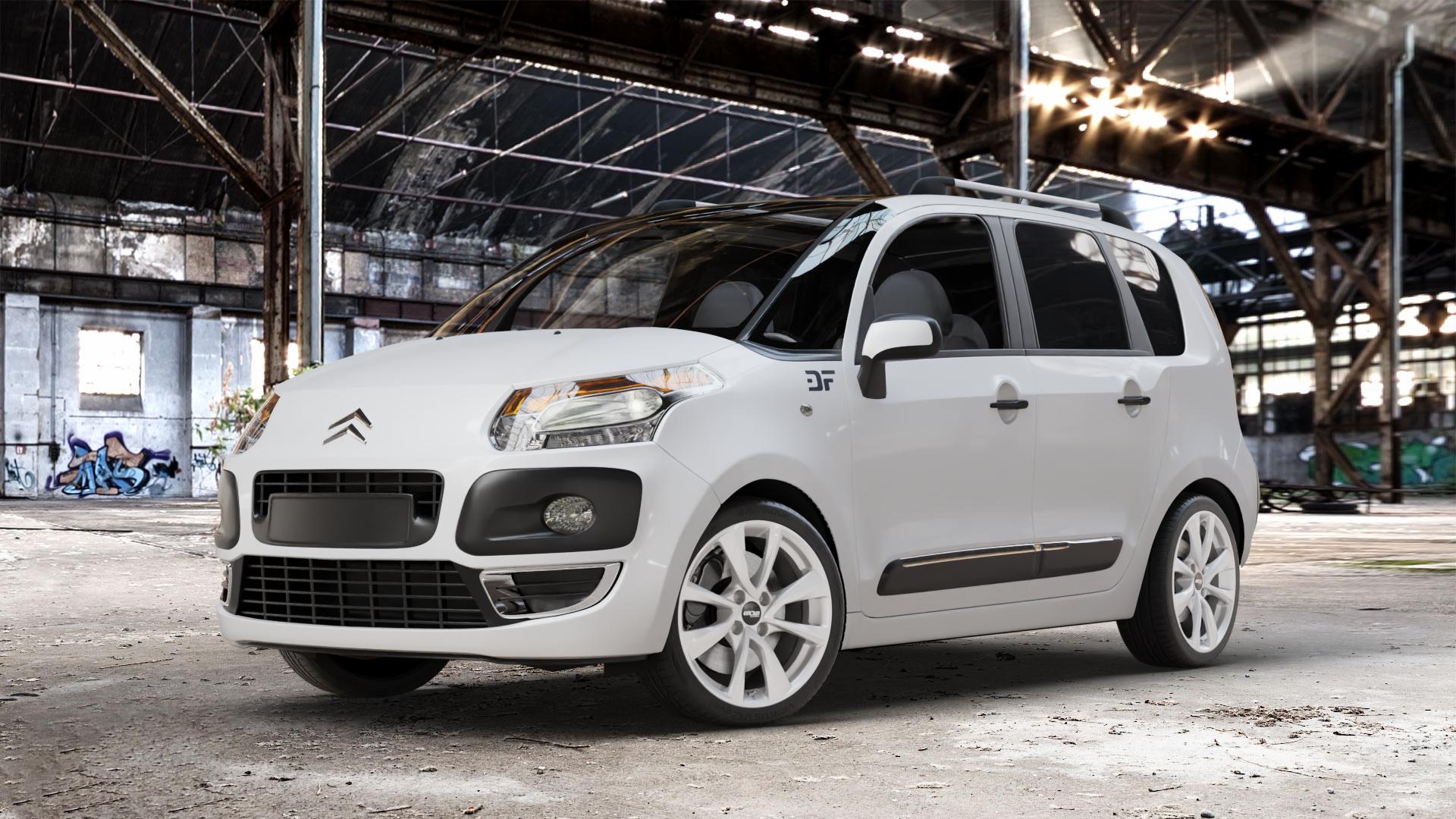 OXXO Oberon 4 Silver Felge mit Reifen silber in 17Zoll Winterfelge Alufelge auf weissem Citroen C3 Picasso ⬇️ mit 15mm Tieferlegung ⬇️ Old Industrial Hall_max_4400mm_2024 Frontansicht_1