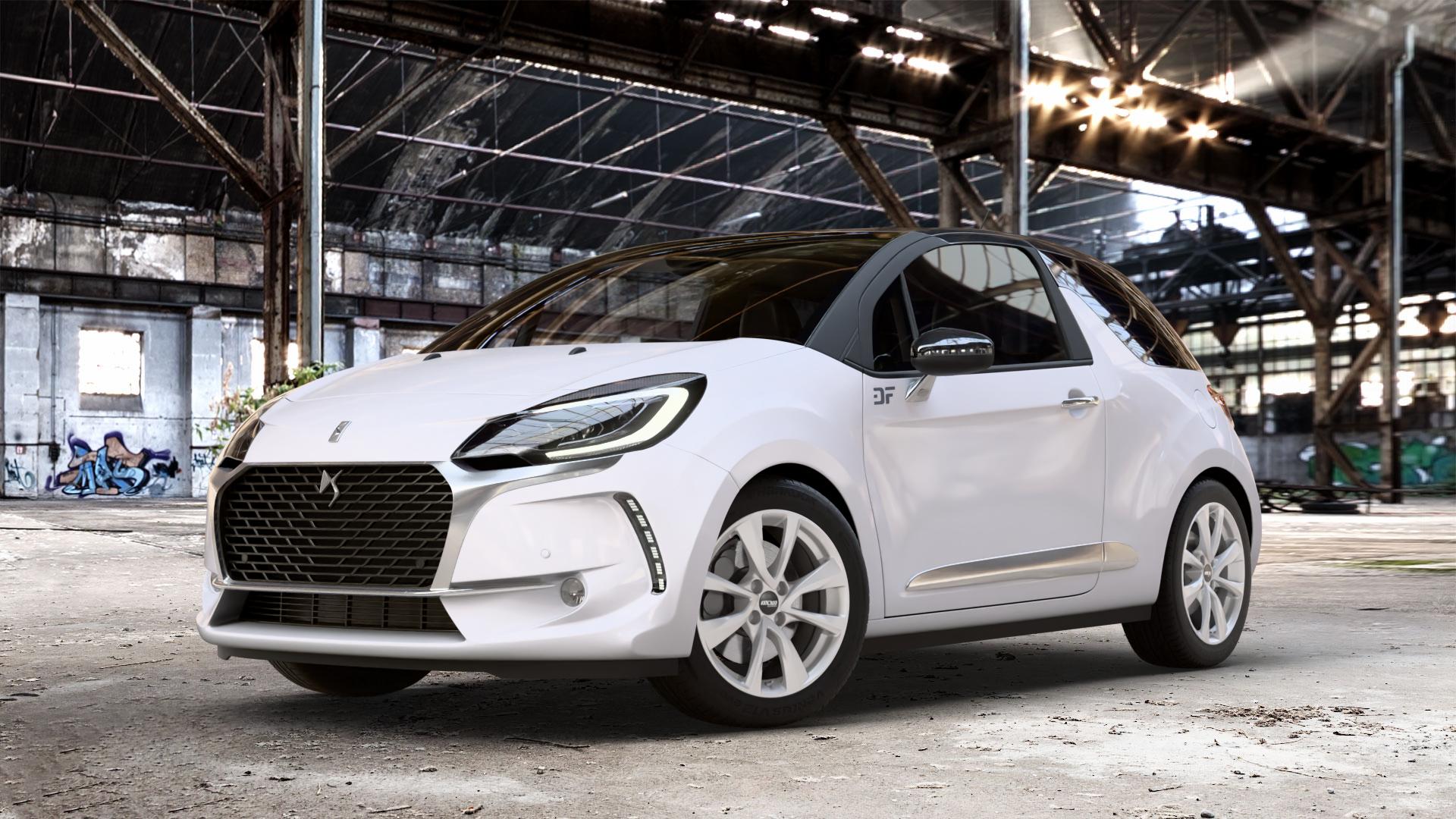 OXXO Oberon 4 Silver Felge mit Reifen silber in 17Zoll Winterfelge Alufelge auf weissem Citroen DS3 Facelift DS Automobiles Typ S ⬇️ mit 15mm Tieferlegung ⬇️ Old Industrial Hall_max_4400mm_2024 Frontansicht_1