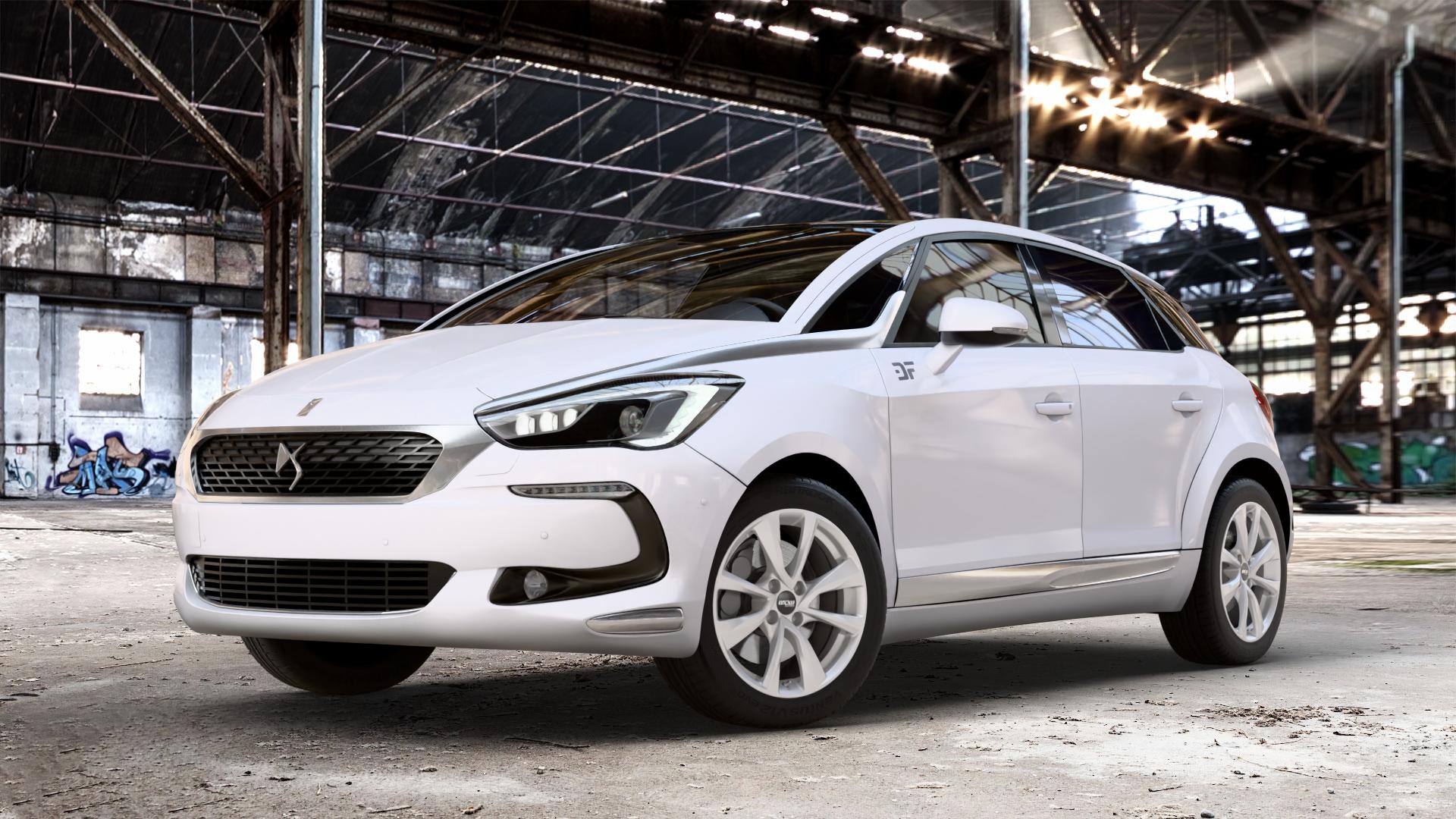 OXXO Oberon 4 Silver Felge mit Reifen silber in 17Zoll Winterfelge Alufelge auf weissem DS Automobiles DS5 Typ K Facelift ⬇️ mit 15mm Tieferlegung ⬇️ Old Industrial Hall_max_4400mm_2024 Frontansicht_1