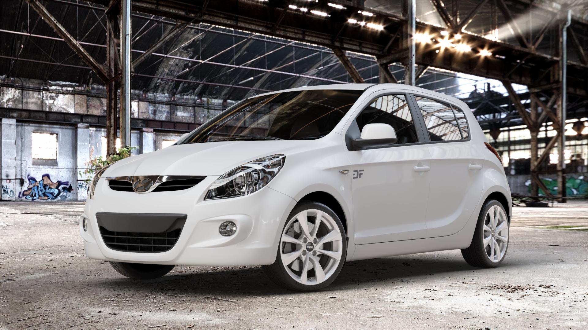 OXXO Oberon 4 silver Felge mit Reifen silber in 17Zoll Winterfelge Alufelge auf weissem Hyundai i20 Typ PB, PBT (08-12) ⬇️ mit 15mm Tieferlegung ⬇️ Old Industrial Hall_max_4400mm_2024 Frontansicht_1