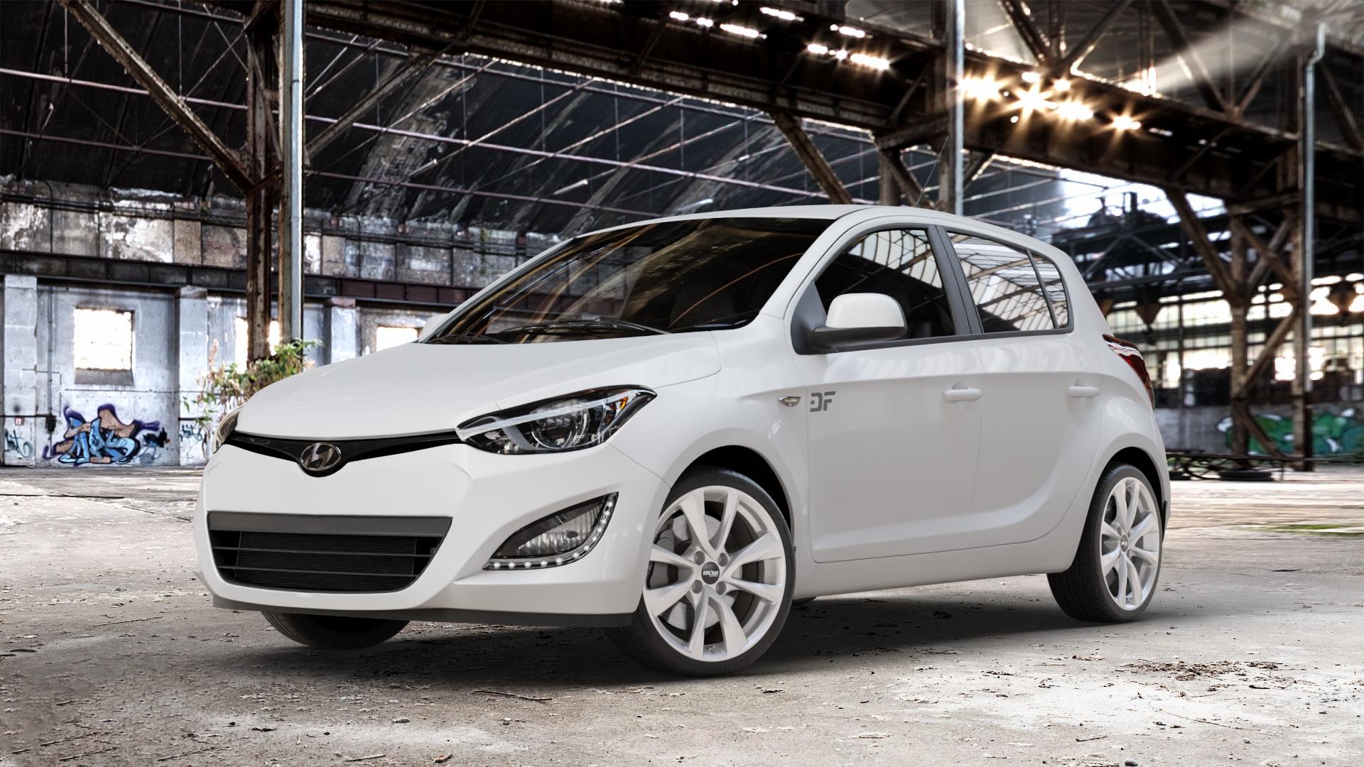 OXXO Oberon 4 silver Felge mit Reifen silber in 17Zoll Winterfelge Alufelge auf weissem Hyundai i20 Typ PB, PBT Facelift (12->) ⬇️ mit 15mm Tieferlegung ⬇️ Old Industrial Hall_max_4400mm_2024 Frontansicht_1