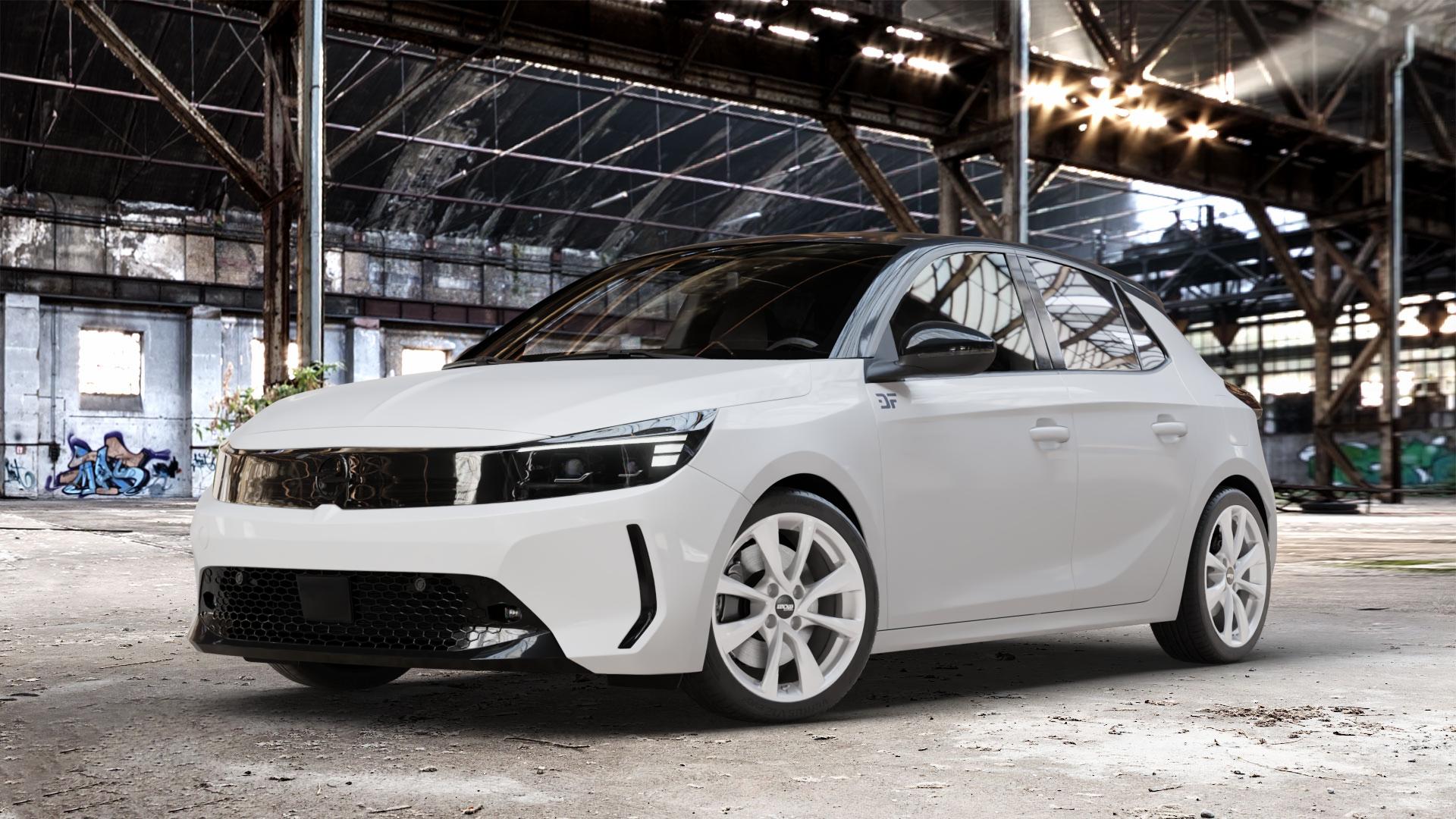 OXXO Oberon 4 silver Felge mit Reifen silber in 17Zoll Winterfelge Alufelge auf weissem Opel Corsa F Typ U Facelift 1,2l 55kW (75 PS) Turbo 74kW (101 96kW (131 1,5l D 75kW (102 ⬇️ mit 15mm Tieferlegung ⬇️ Old Industrial Hall_max_4400mm_2024 Frontansicht_1