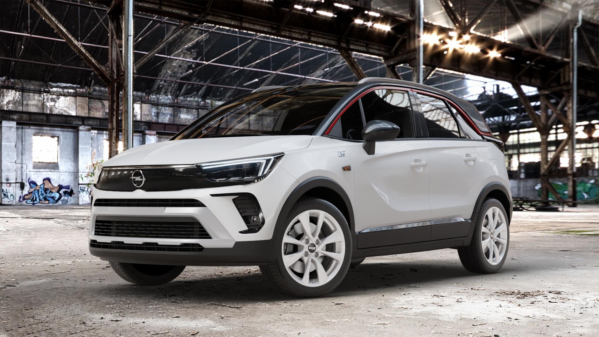 OXXO Oberon 4 silver Felge mit Reifen silber in 17Zoll Winterfelge Alufelge auf weissem Opel Crossland ⬇️ mit 15mm Tieferlegung ⬇️ Old Industrial Hall_max_4400mm_2024 Frontansicht_1