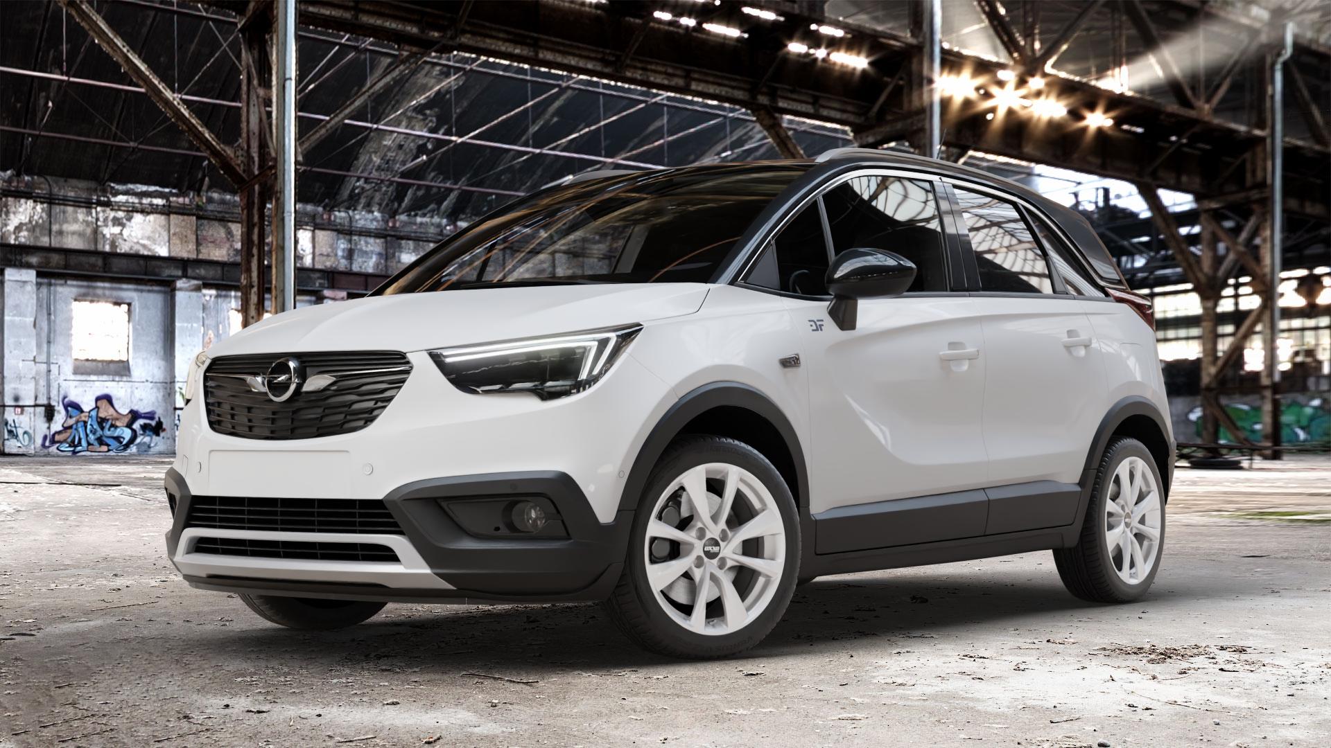 OXXO Oberon 4 silver Felge mit Reifen silber in 17Zoll Winterfelge Alufelge auf weissem Opel Crossland X ⬇️ mit 15mm Tieferlegung ⬇️ Old Industrial Hall_max_4400mm_2024 Frontansicht_1