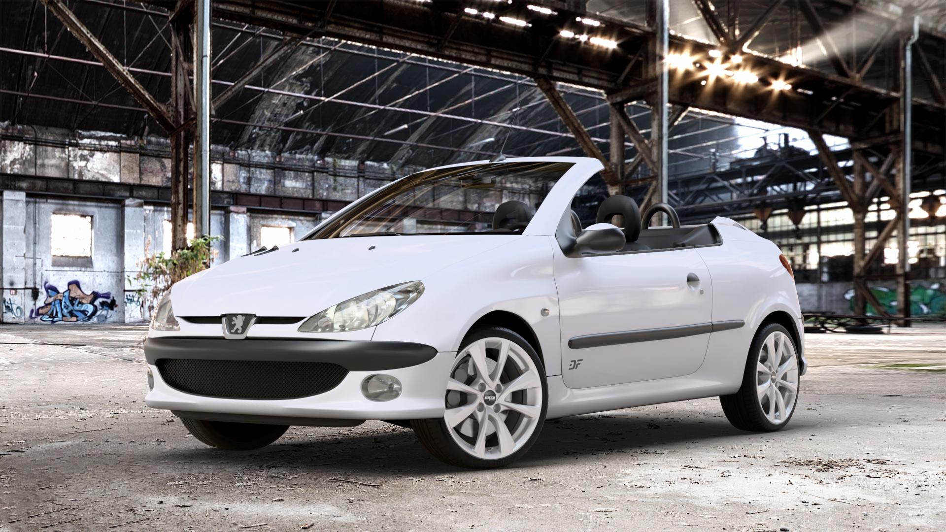 OXXO Oberon 4 silver Felge mit Reifen silber in 17Zoll Winterfelge Alufelge auf weissem Peugeot 206 CC 1,6l HDi FAP 80kW (109 PS) 16V 2,0l 100kW (136 ⬇️ mit 15mm Tieferlegung ⬇️ Old Industrial Hall_max_4400mm_2024 Frontansicht_1