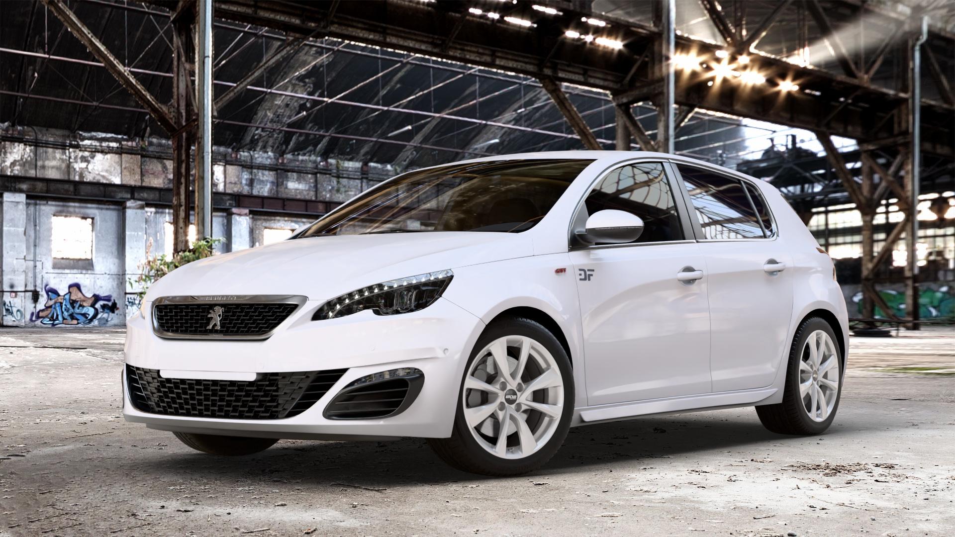 OXXO Oberon 4 silver Felge mit Reifen silber in 17Zoll Winterfelge Alufelge auf weissem Peugeot 308 II Typ L Facelift ⬇️ mit 15mm Tieferlegung ⬇️ Old Industrial Hall_max_4400mm_2024 Frontansicht_1