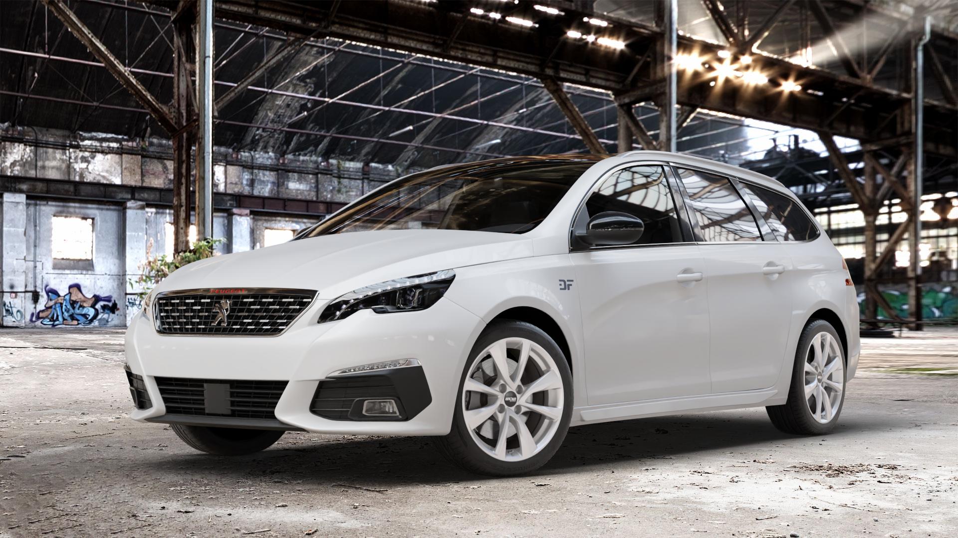 OXXO Oberon 4 silver Felge mit Reifen silber in 17Zoll Winterfelge Alufelge auf weissem Peugeot 308 SW II Typ L Facelift ⬇️ mit 15mm Tieferlegung ⬇️ Old Industrial Hall_max_4400mm_2024 Frontansicht_1