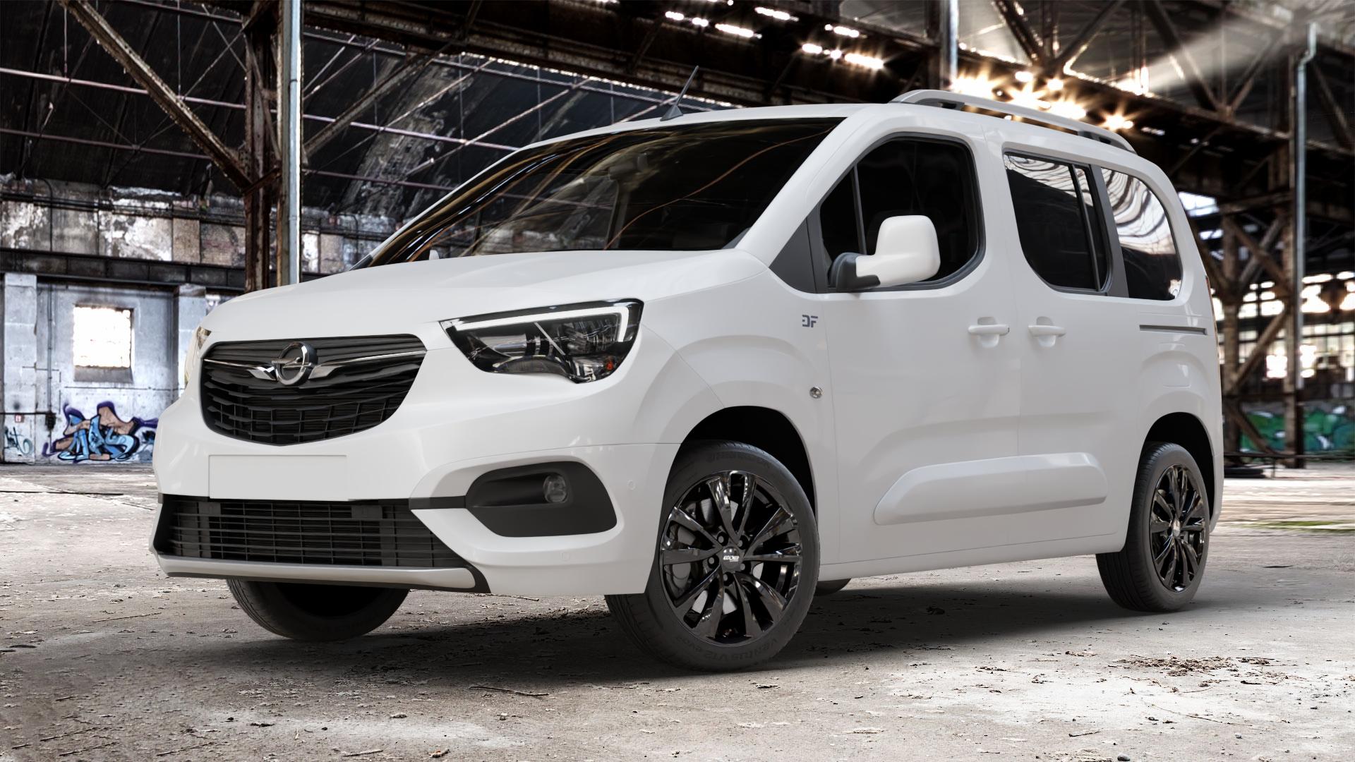 OXXO OBERON 5 BLACK black Felge mit Reifen schwarz in 17Zoll Winterfelge Alufelge auf weissem Opel Combo E Life ⬇️ mit 15mm Tieferlegung ⬇️ Old Industrial Hall_max_4400mm_2024 Frontansicht_1
