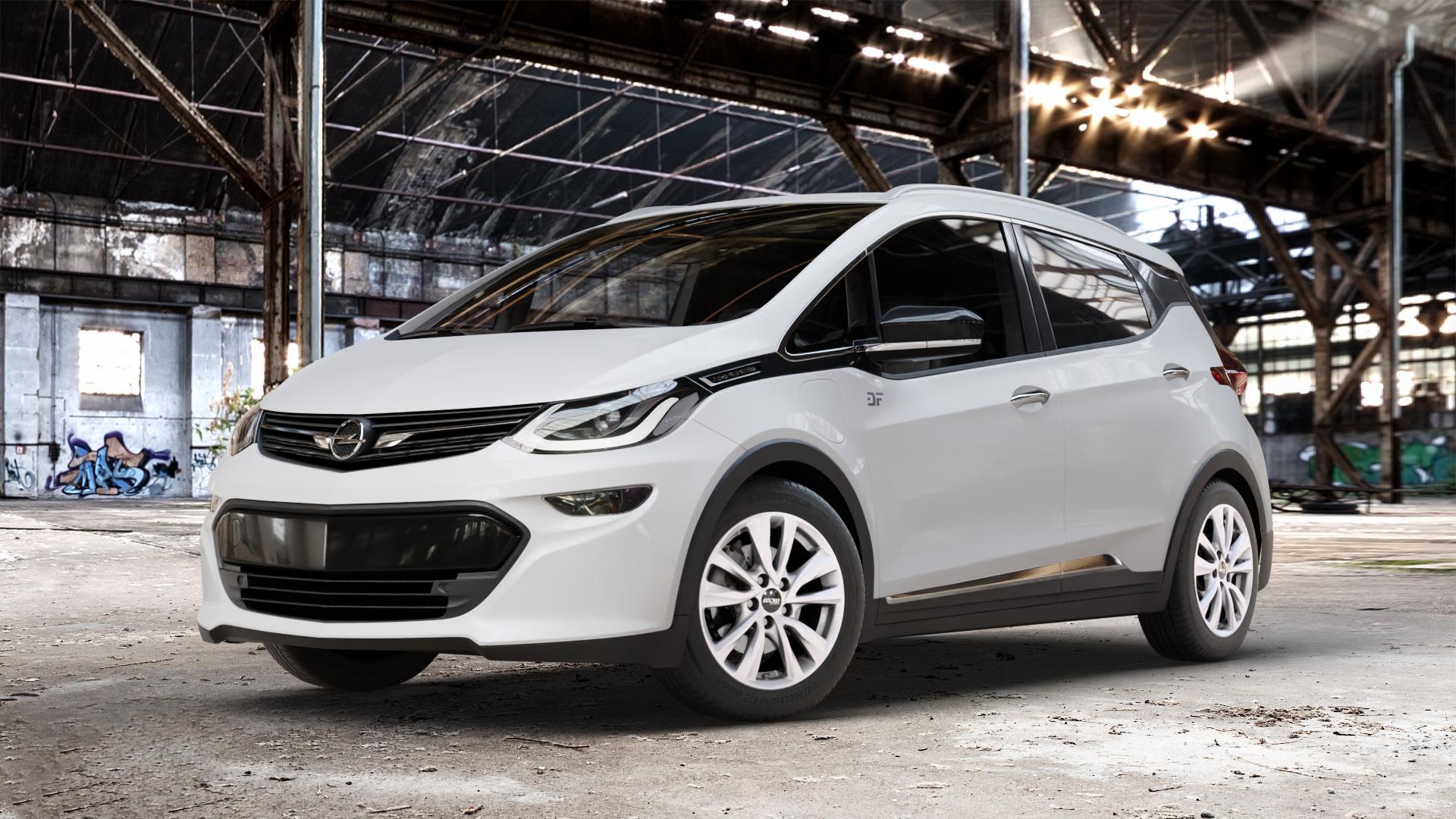 OXXO OBERON 5 silver Felge mit Reifen silber in 16Zoll Winterfelge Alufelge auf weissem Opel Ampera-e Typ 1G0F Ampera ⬇️ mit 15mm Tieferlegung ⬇️ Old Industrial Hall_max_4400mm_2024 Frontansicht_1