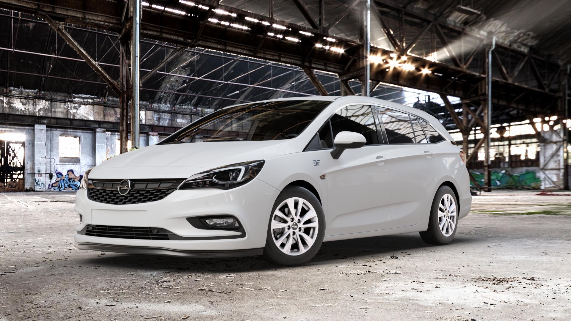 OXXO OBERON 5 silver Felge mit Reifen silber in 16Zoll Winterfelge Alufelge auf weissem Opel Astra K Sports Tourer Typ B-K ⬇️ mit 15mm Tieferlegung ⬇️ Old Industrial Hall_max_5300mm_2024 Frontansicht_1