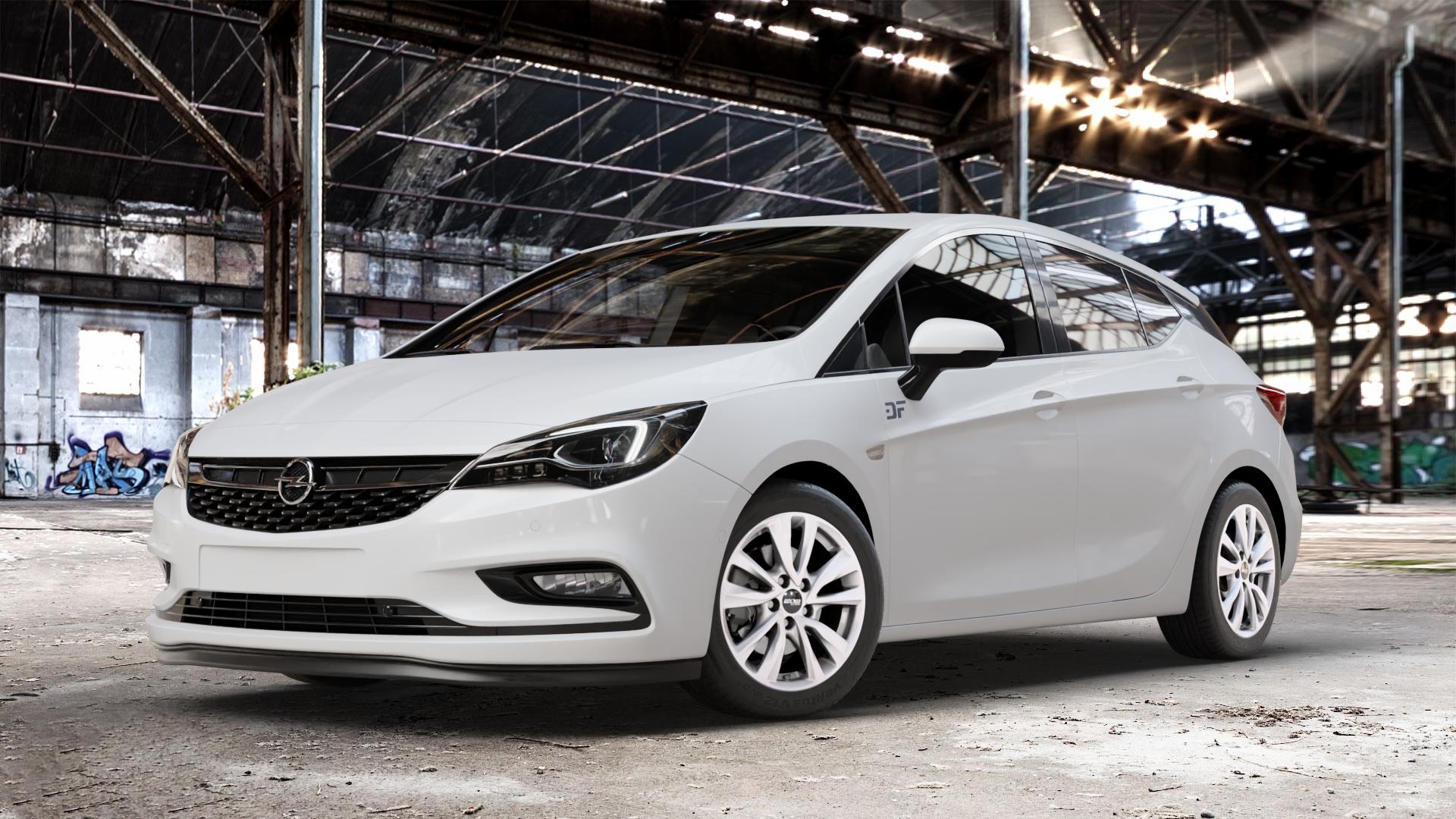 OXXO OBERON 5 silver Felge mit Reifen silber in 16Zoll Winterfelge Alufelge auf weissem Opel Astra K Typ B-K ⬇️ mit 15mm Tieferlegung ⬇️ Old Industrial Hall_max_4400mm_2024 Frontansicht_1