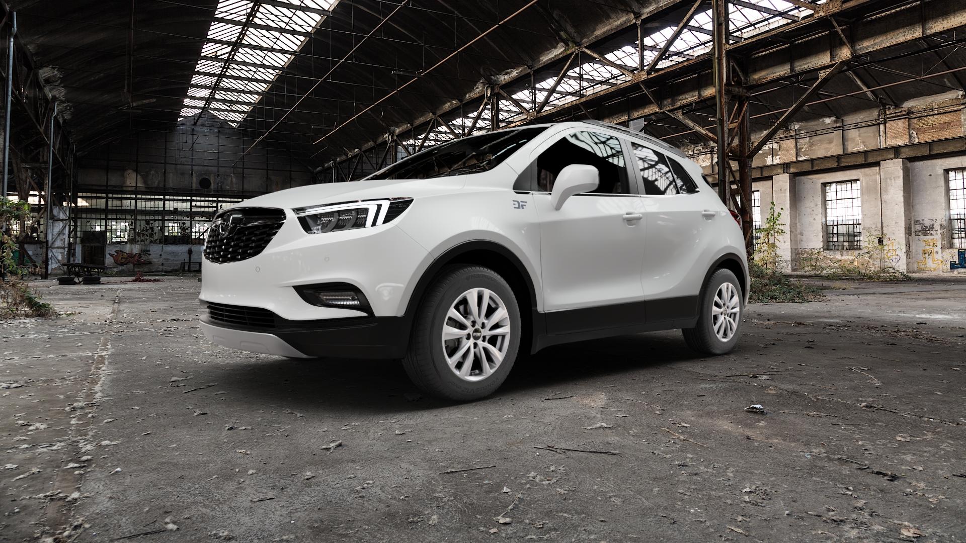 OXXO OBERON 5 silver Felge mit Reifen silber in 16Zoll Winterfelge Alufelge auf weissem Opel Mokka X Typ J-A ⬇️ mit 15mm Tieferlegung ⬇️ Old Industrial Hall_max5000mm_2022 Frontansicht_1
