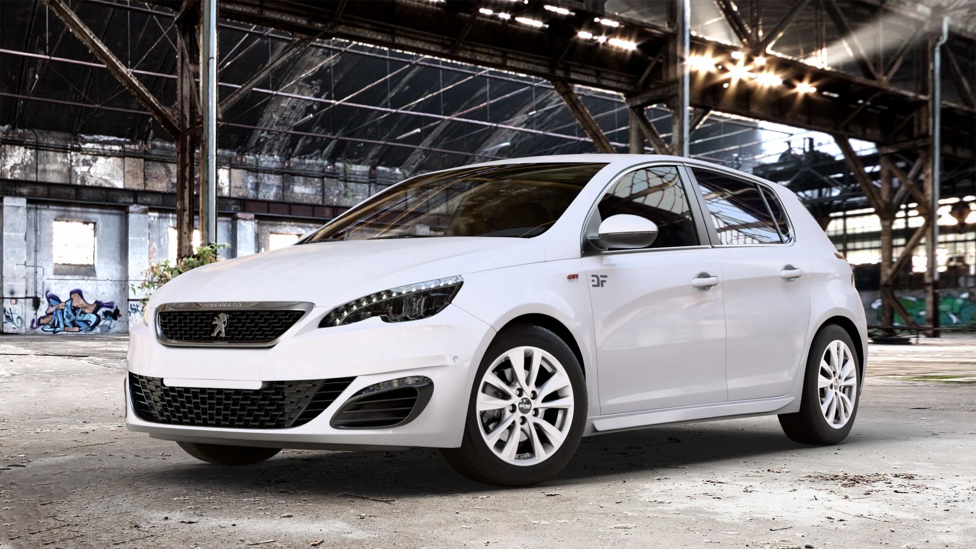 OXXO OBERON 5 silver Felge mit Reifen silber in 16Zoll Winterfelge Alufelge auf weissem Peugeot 308 II Typ L Facelift ⬇️ mit 15mm Tieferlegung ⬇️ Old Industrial Hall_max_4400mm_2024 Frontansicht_1
