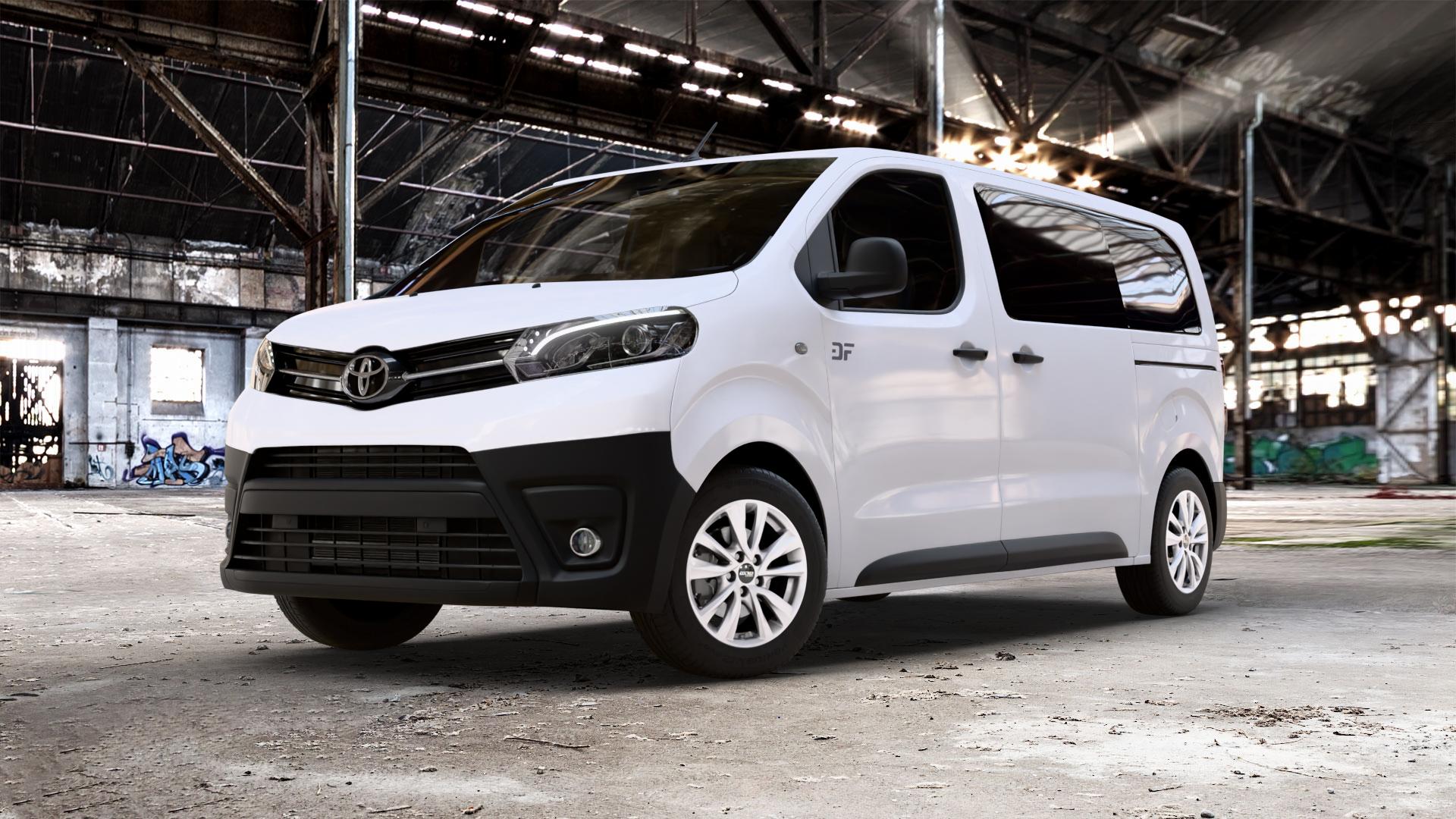OXXO OBERON 5 silver Felge mit Reifen silber in 16Zoll Winterfelge Alufelge auf weissem Toyota Proace II Verso Typ V ⬇️ mit 15mm Tieferlegung ⬇️ Old Industrial Hall_max_5300mm_2024 Frontansicht_1
