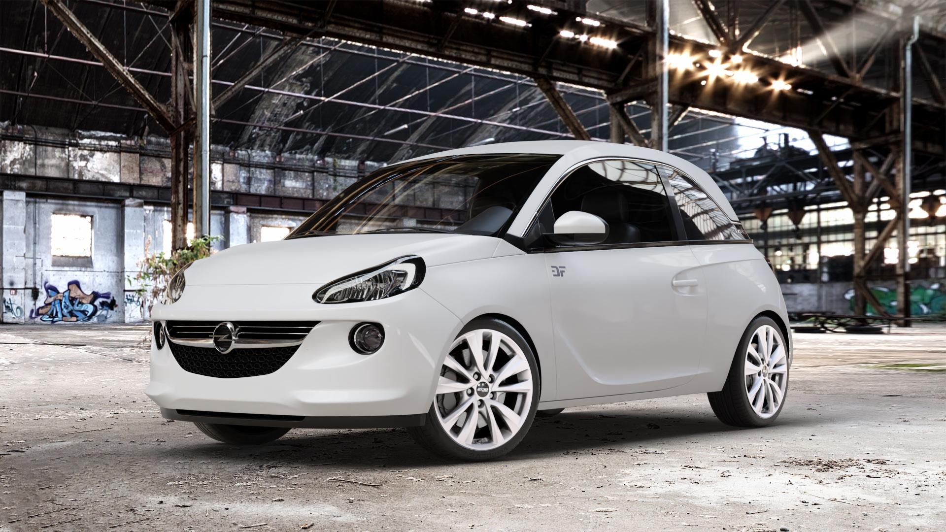OXXO OBERON 5 Silver Felge mit Reifen silber in 17Zoll Winterfelge Alufelge auf weissem Opel Adam ⬇️ mit 15mm Tieferlegung ⬇️ Old Industrial Hall_max_4400mm_2024 Frontansicht_1