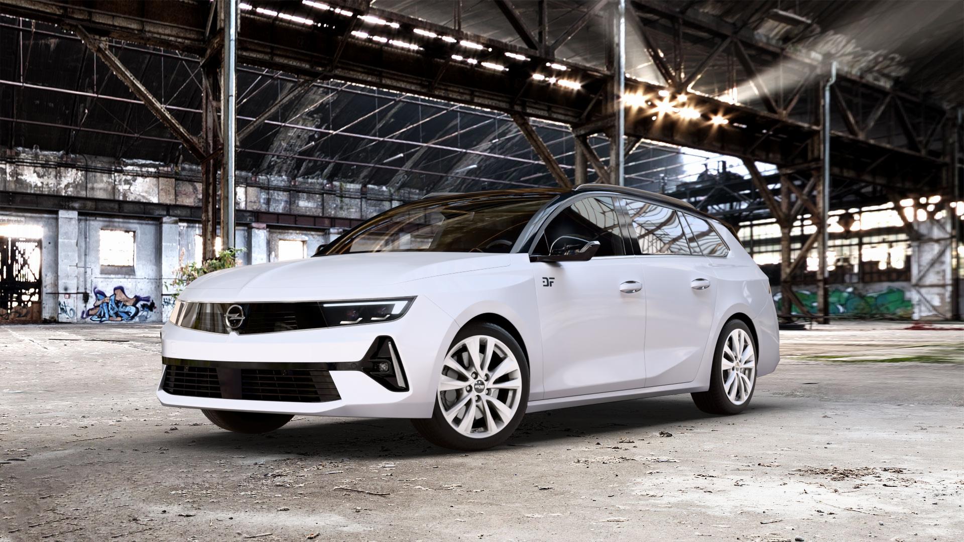 OXXO OBERON 5 silver Felge mit Reifen silber in 17Zoll Winterfelge Alufelge auf weissem Opel Astra L Sports Tourer Typ F Facelift ⬇️ mit 15mm Tieferlegung ⬇️ Old Industrial Hall_max_5300mm_2024 Frontansicht_1