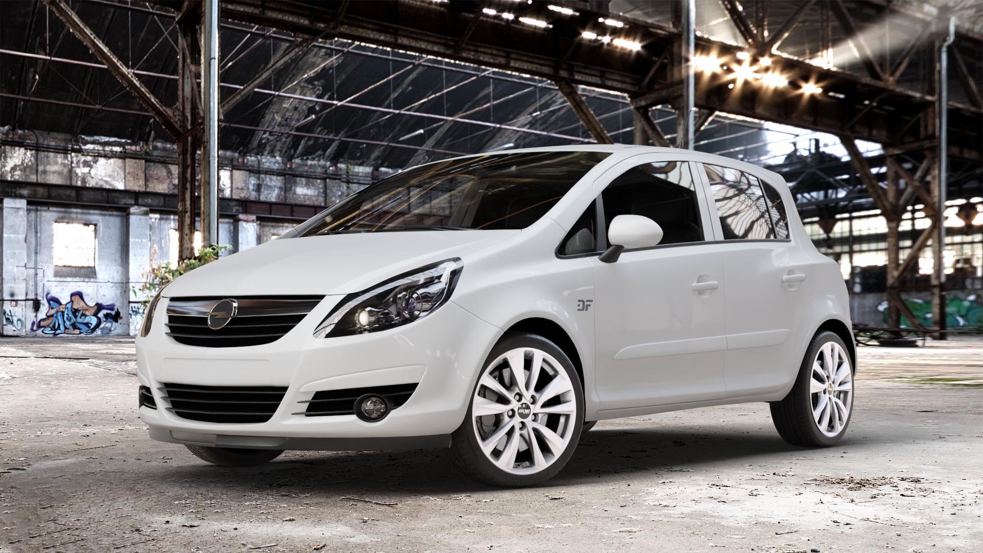 OXXO OBERON 5 Silver Felge mit Reifen silber in 17Zoll Winterfelge Alufelge auf weissem Opel Corsa D Typ S-D ⬇️ mit 15mm Tieferlegung ⬇️ Old Industrial Hall_max_4400mm_2024 Frontansicht_1