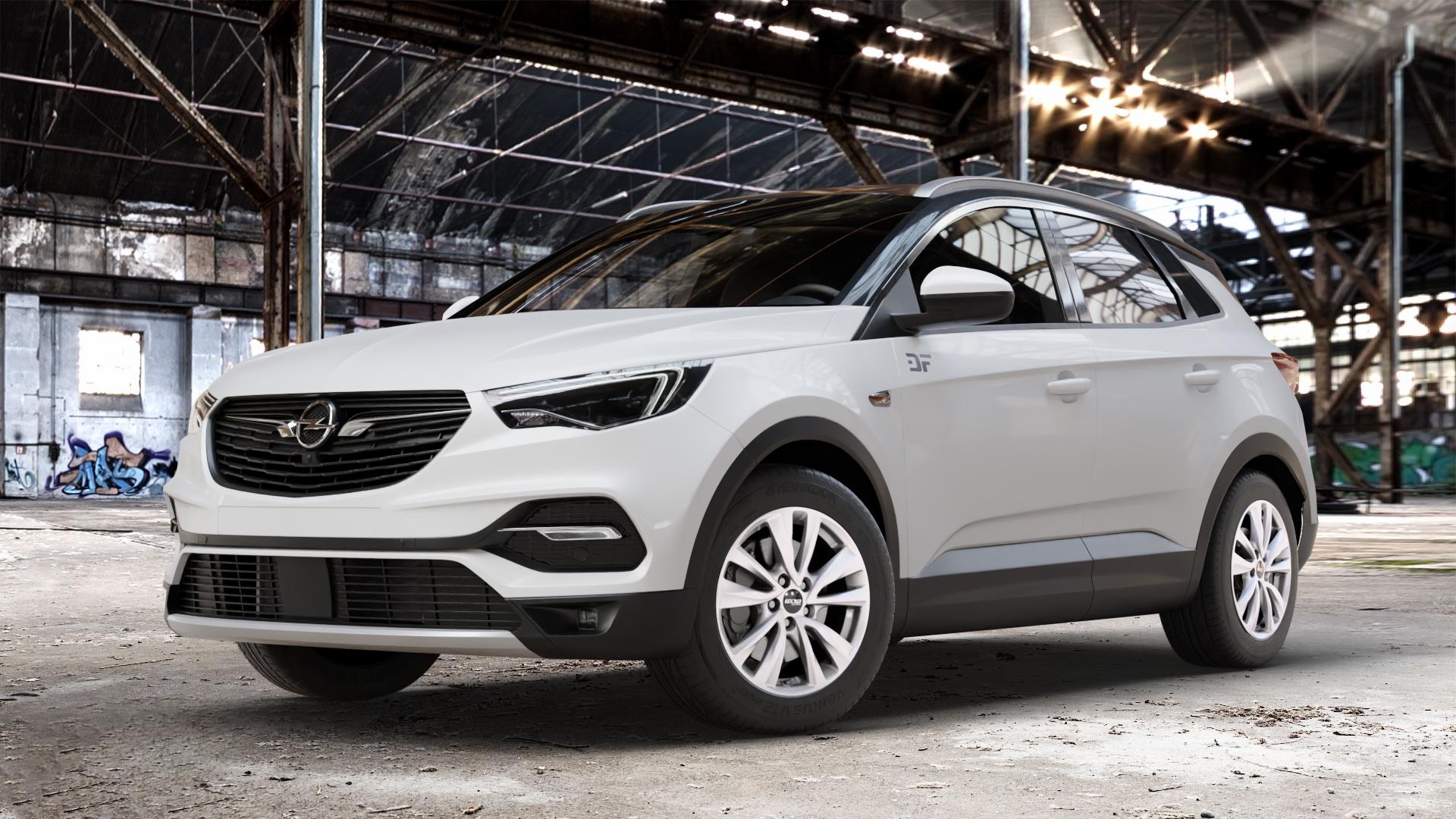 OXXO OBERON 5 silver Felge mit Reifen silber in 17Zoll Winterfelge Alufelge auf weissem Opel Grandland X Typ Z 1,6l Turbo 147kW Hybrid AWD (200 PS) ⬇️ mit 15mm Tieferlegung ⬇️ Old Industrial Hall_max_4400mm_2024 Frontansicht_1