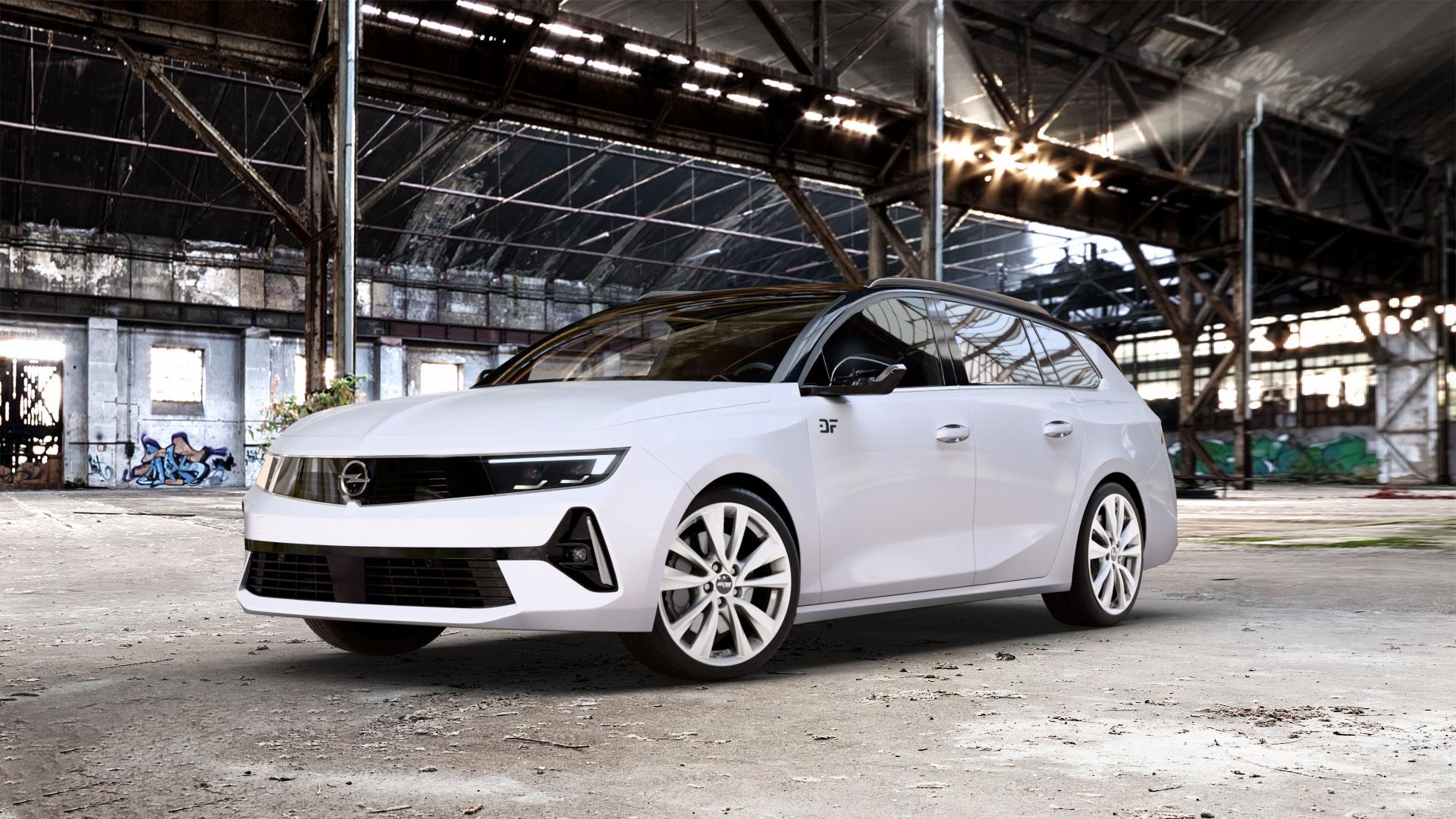 OXXO OBERON 5 silver Felge mit Reifen silber in 18Zoll Winterfelge Alufelge auf weissem Opel Astra L Sports Tourer Typ F Facelift ⬇️ mit 15mm Tieferlegung ⬇️ Old Industrial Hall_max_5300mm_2024 Frontansicht_1