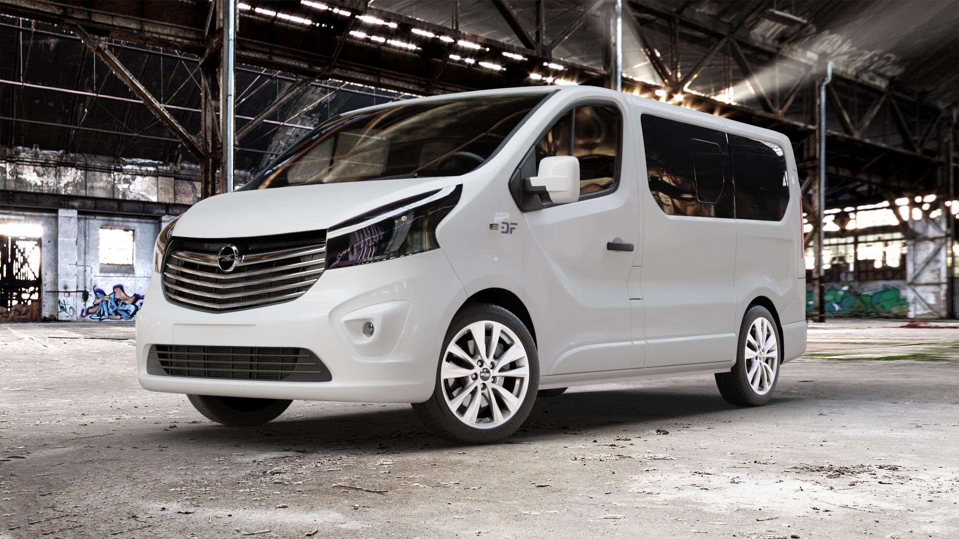 OXXO OBERON 5 silver Felge mit Reifen silber in 18Zoll Winterfelge Alufelge auf weissem Opel Vivaro B Kombi Typ X83 ⬇️ mit 15mm Tieferlegung ⬇️ Old Industrial Hall_max_5300mm_2024 Frontansicht_1