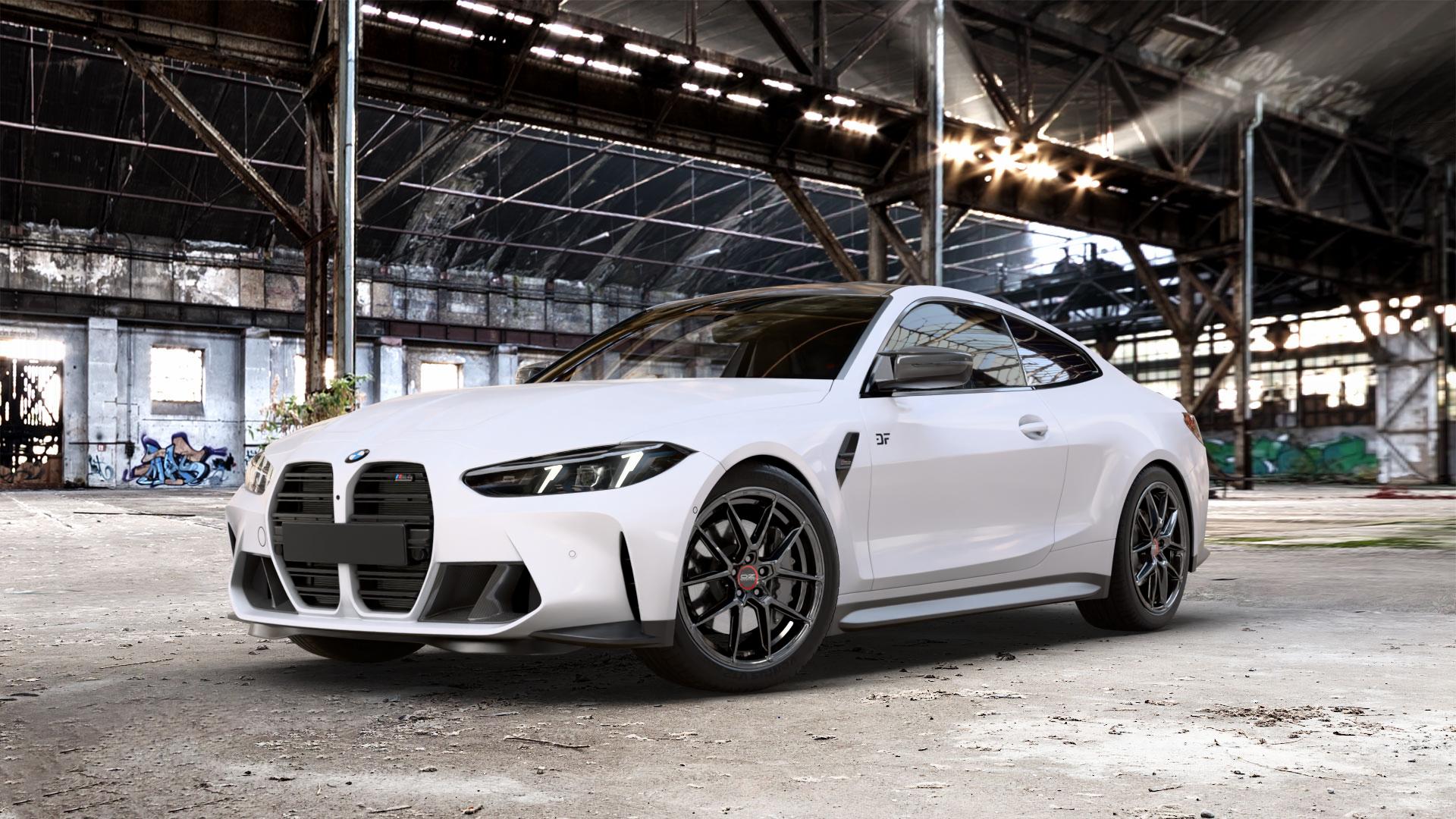 OZ RACING ESTREMA GT HLT HYPER TITANIUM Felge mit Reifen grau silber in 20Zoll Winterfelge Alufelge auf weissem BMW M4 Typ G82 (Coupe) Facelift 3,0l 390kW Competition xDrive (530 PS) CS 405kW (551 353kW (480 375kW (510 ⬇️ mit 15mm Tieferlegung ⬇️ Old Industrial Hall_max_5300mm_2024 Frontansicht_1