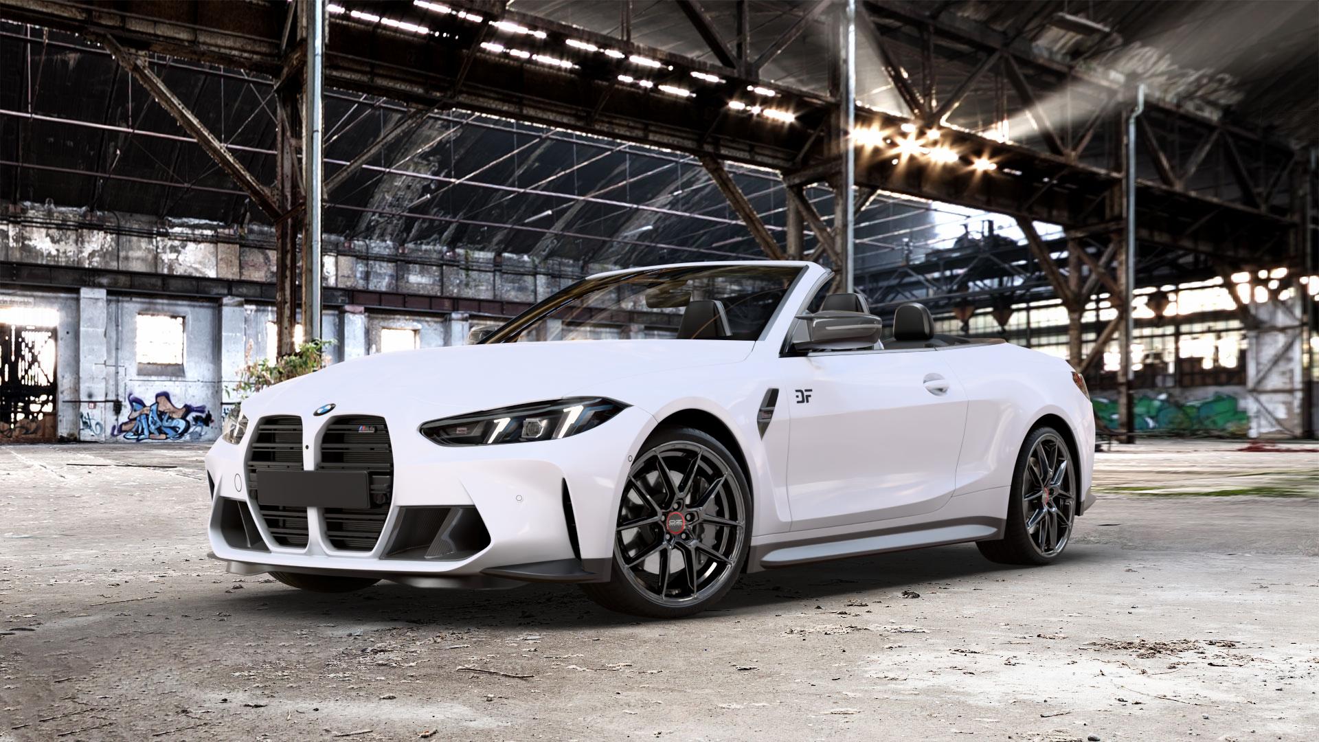 OZ RACING ESTREMA GT HLT HYPER TITANIUM Felge mit Reifen grau silber in 20Zoll Winterfelge Alufelge auf weissem BMW M4 Typ G83 (Cabrio) Facelift 3,0l 390kW Competition xDrive (530 PS) ⬇️ mit 15mm Tieferlegung ⬇️ Old Industrial Hall_max_5300mm_2024 Frontansicht_1
